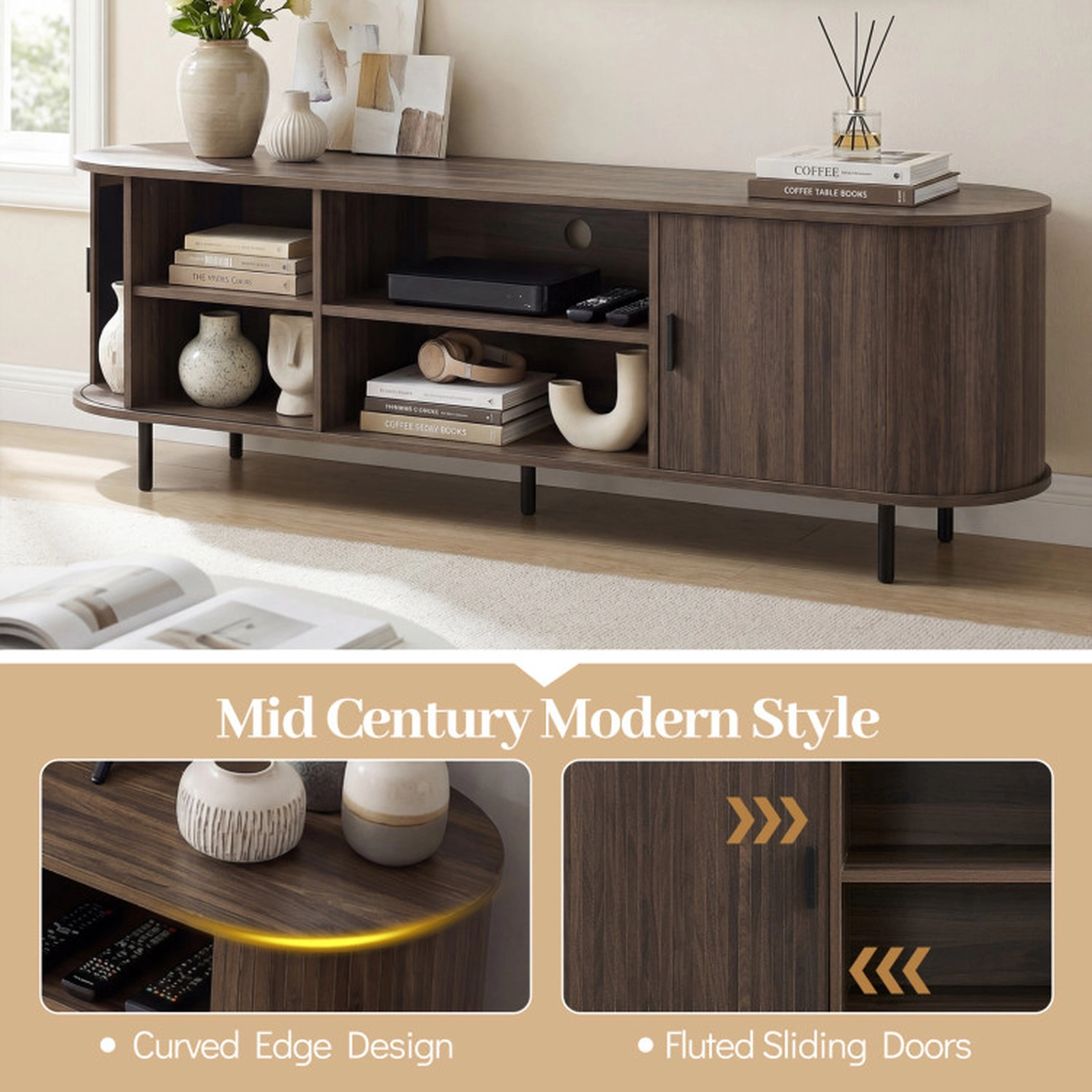 SUGIFT Fluted Sliding Doors Modern Media Console TV Stand 71-in x 16-in x 21.5-in 165-lb Capacity 80-in TV Walnut