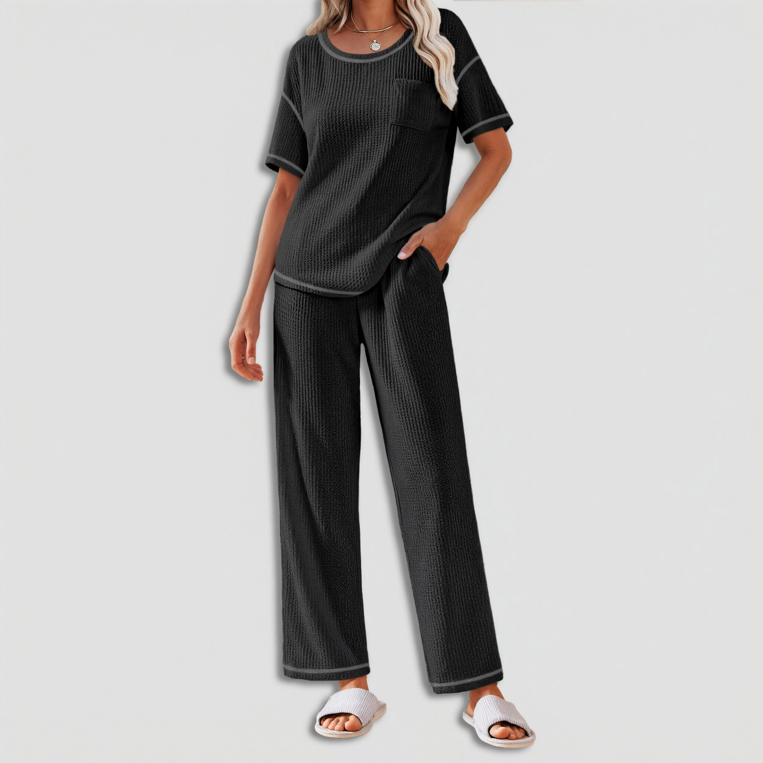 Ekouaer Women Waffle Knit Lounge Sets Short Sleeve Top and Long Pant Pajama Set Loungewear 2 Piece