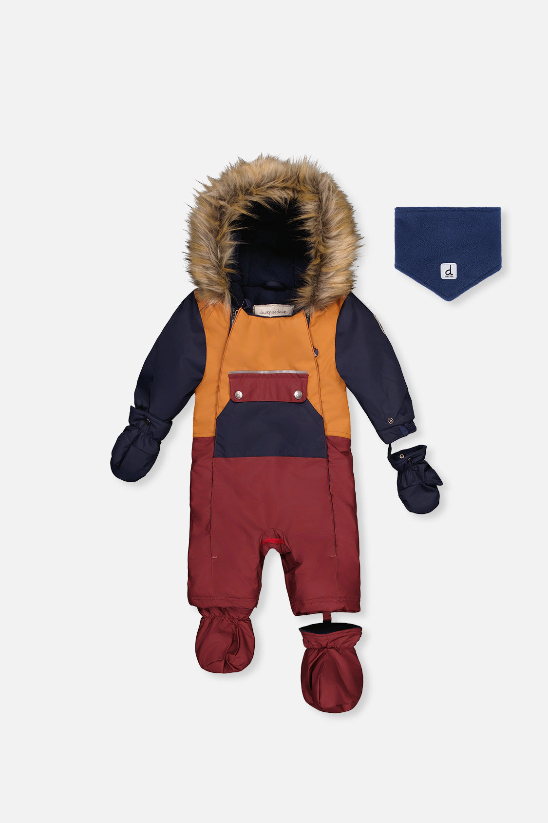 Deux par Boys One Piece Snowsuit Adapted for Car Seats with Detachable Hood