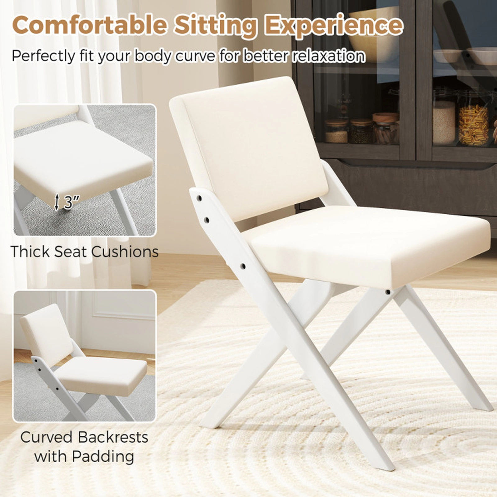 SUGIFT Rubber Wood Frame Wooden Dining Chairs with Padded Cushions 350-lb Capacity White Set of 2