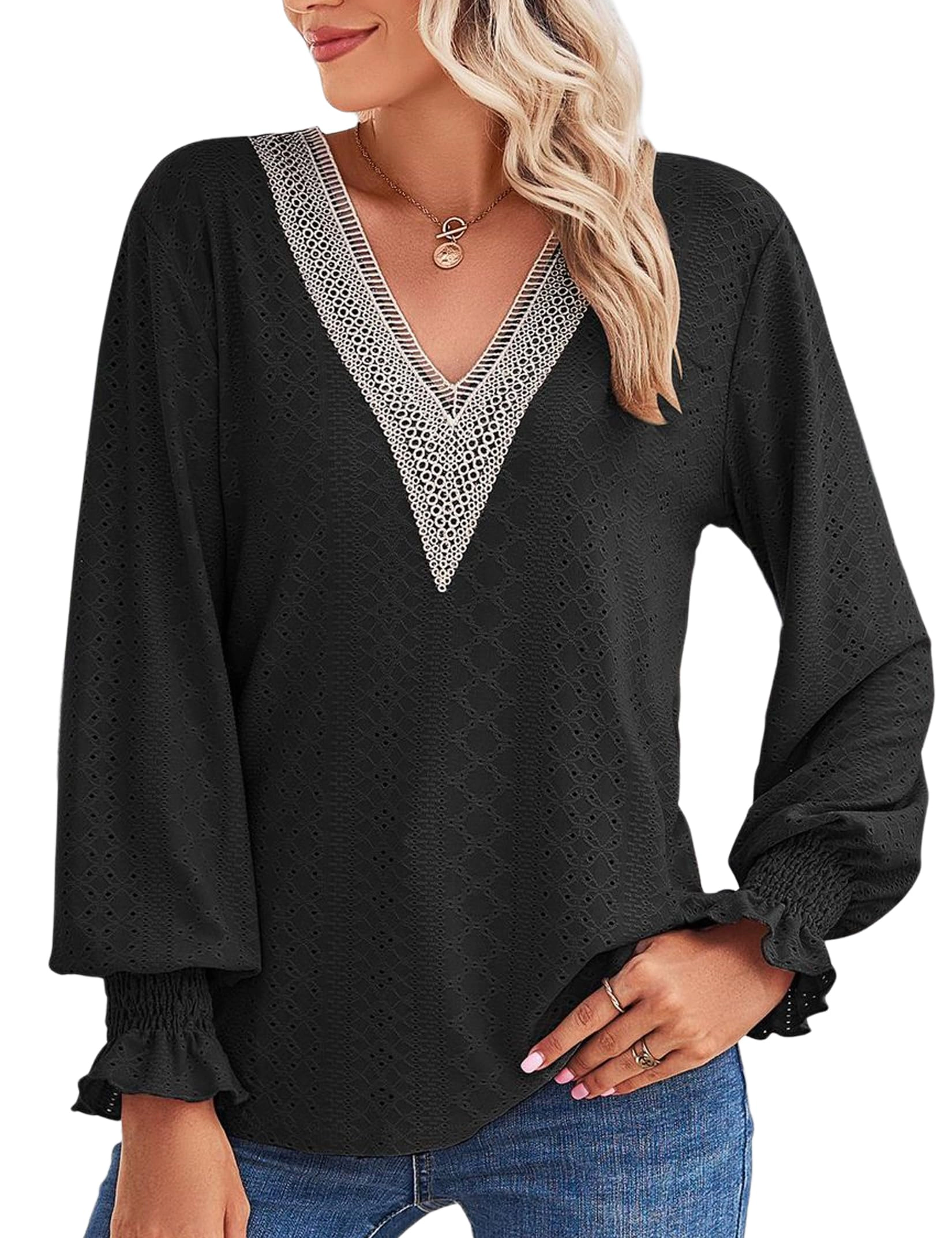 KOJOOIN Women V Neck Eyelet Blouse Lace Trim Long Balloon Sleeve Tunic Top Smocked Ruffle Cuff Trendy Shirt