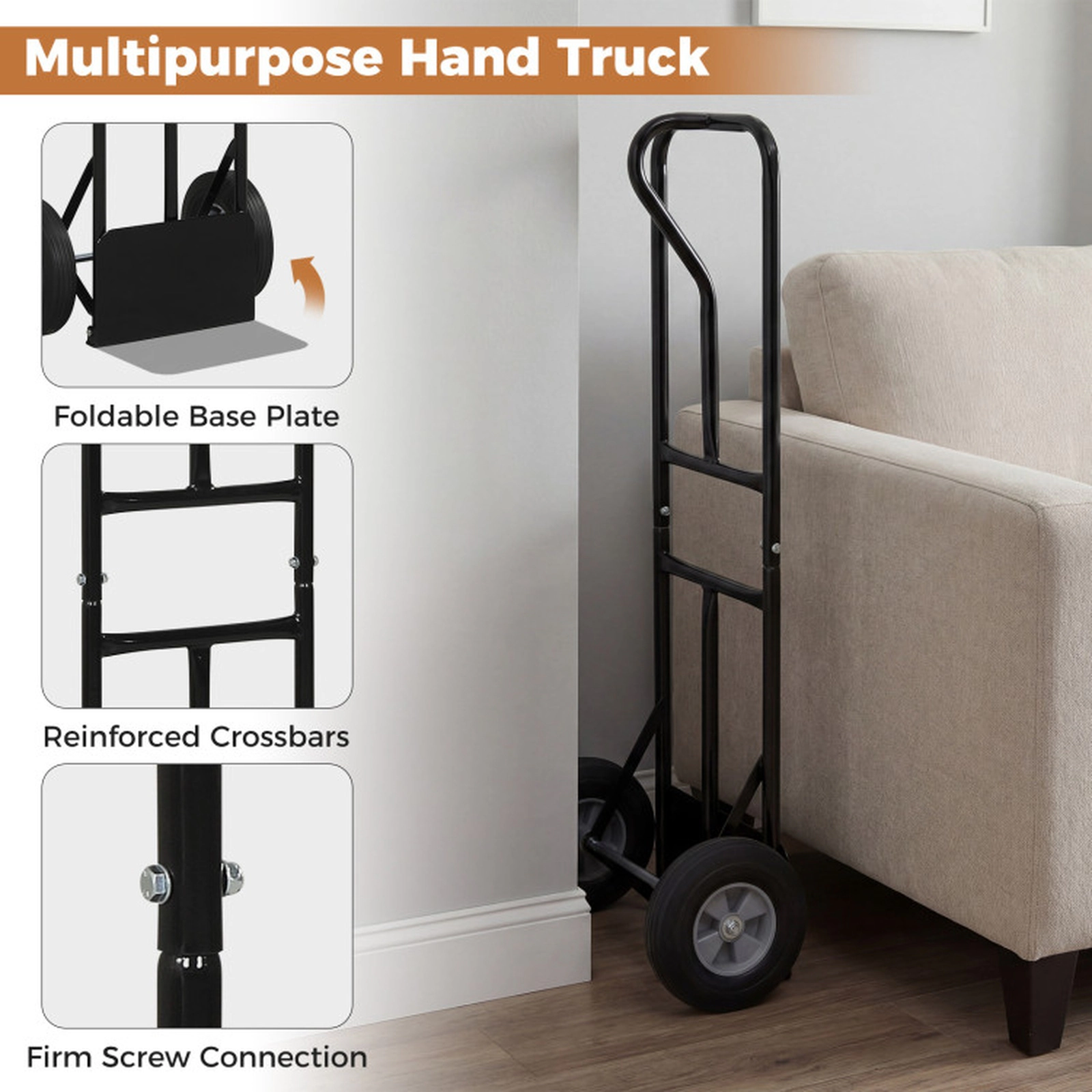 SUGIFT 600-lb Capacity P-Handle Metal Hand Truck Dolly with 10-in Rubber Wheels and Folding Base Plate
