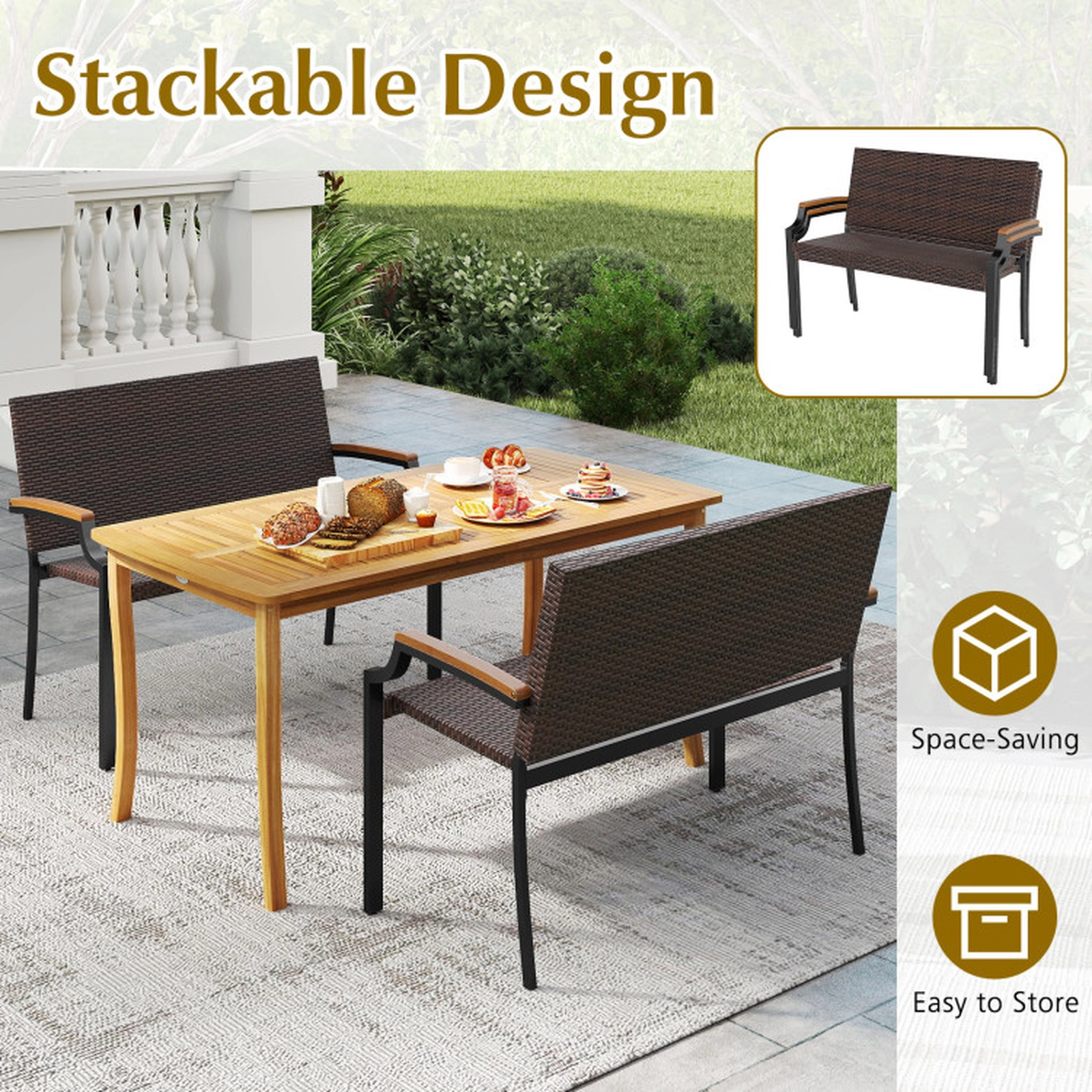 SUGIFT Natural Acacia Wood Armrests and Coated Metal Frame Patio Wicker Loveseat