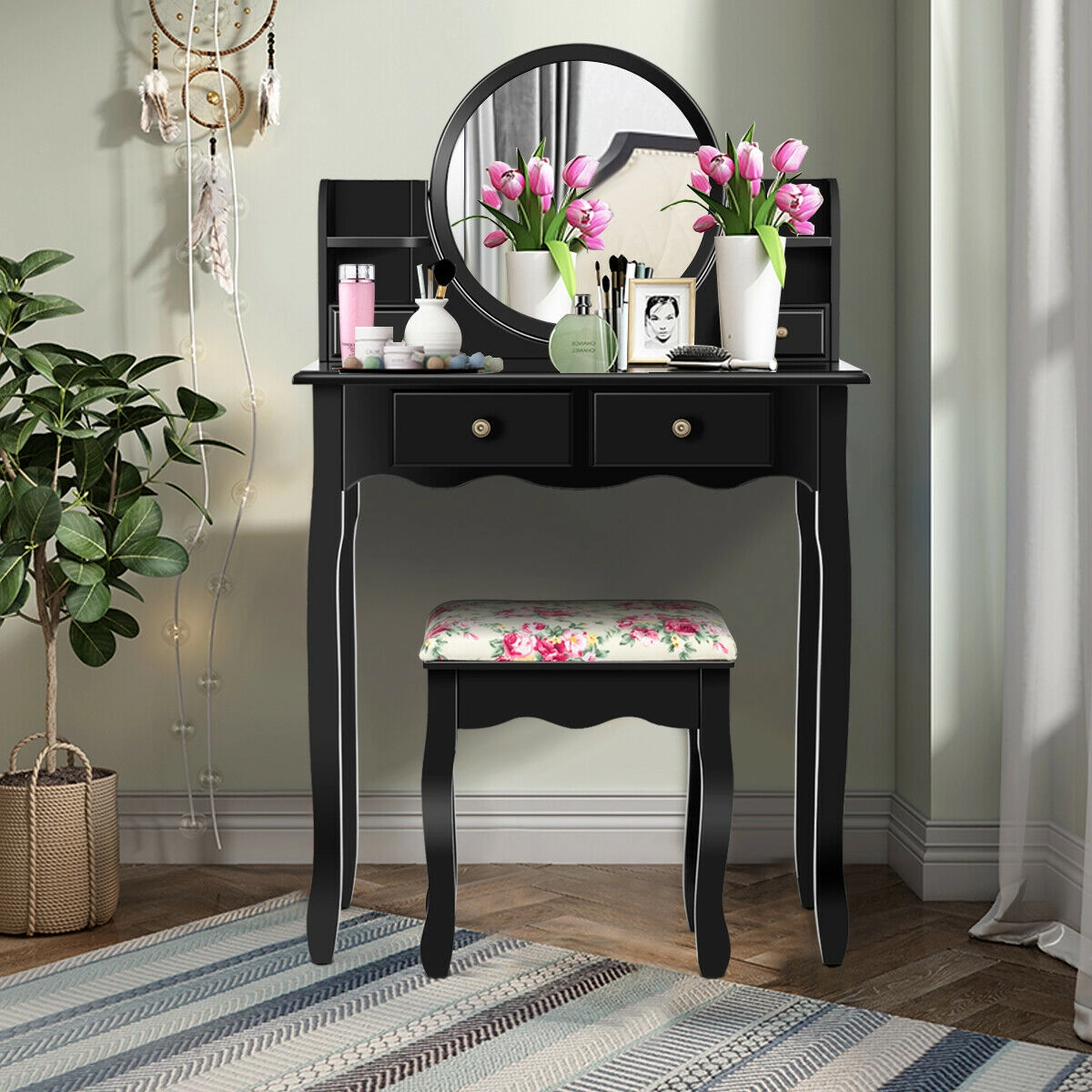 SUGIFT 4-Drawer Girls Makeup Vanity Dressing Table Set Oval Mirror & Stool 286-lb Dresser Capacity 242-lb Stool Capacity