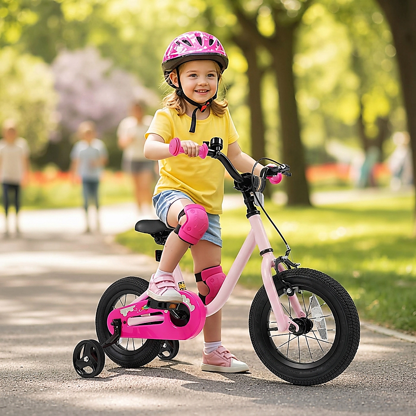 SUGIFT Adjustable Kids Bicycle with Training Wheels 110-lb Seat Capacity Ages 3-4 Years 35-in Frame Pink 12-Inch Wheel