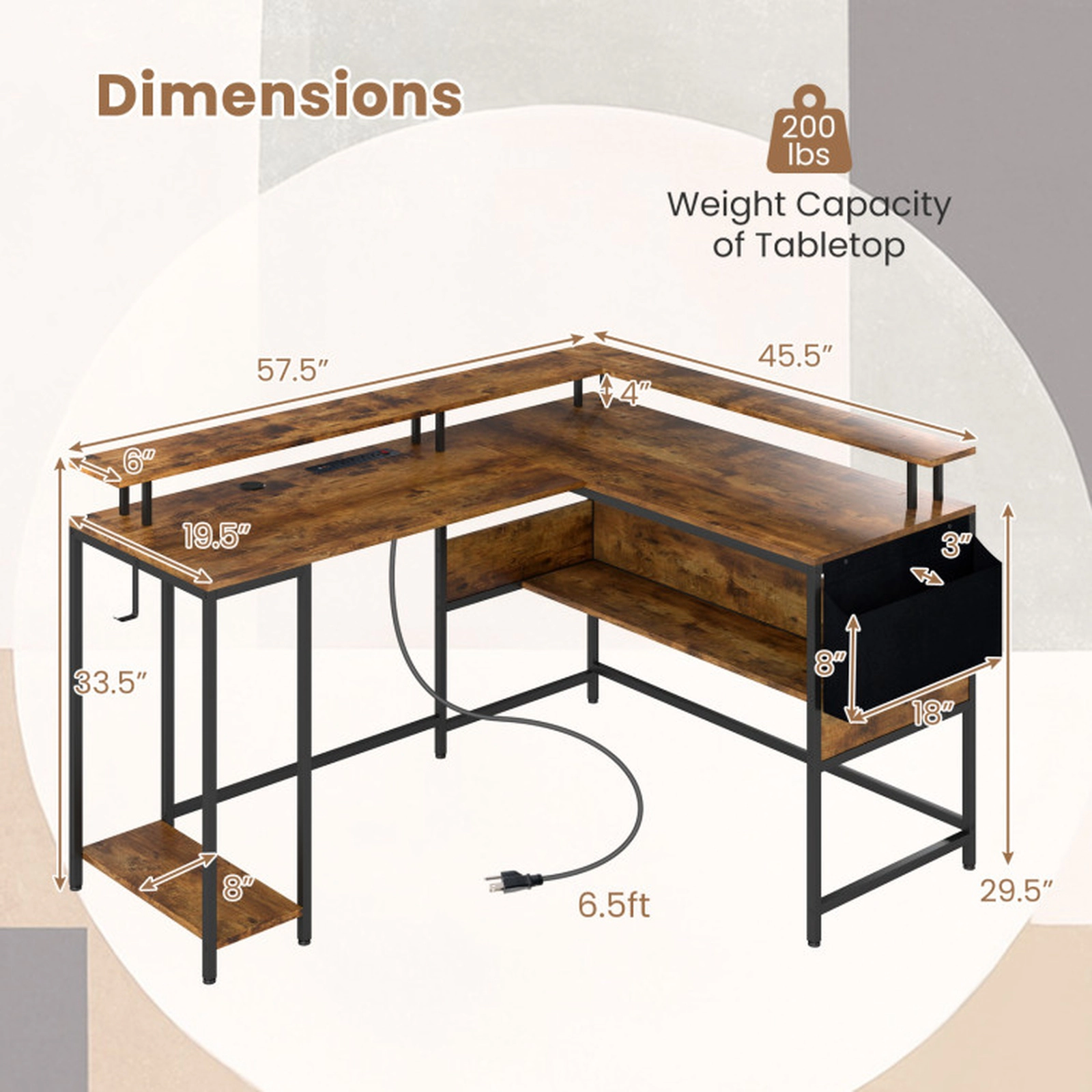 SUGIFT L-Shaped Gaming Desk with LED Lights and Power Outlets 200-lb Tabletop Capacity Home Office Computer Desk Brown &