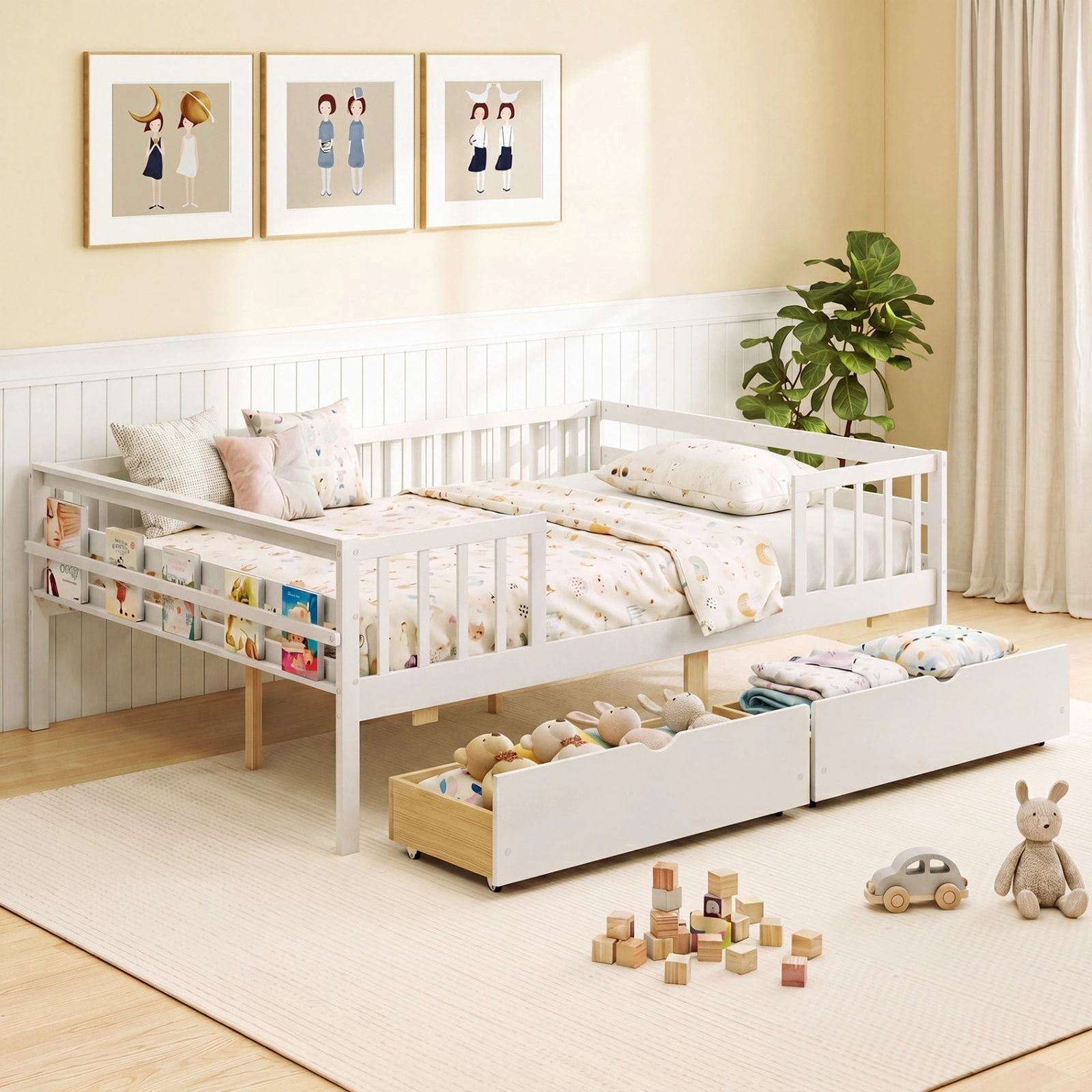 SUGIFT Full-Size Kids Daybed with Guardrail, 2 Drawers and Side Shelf, White
