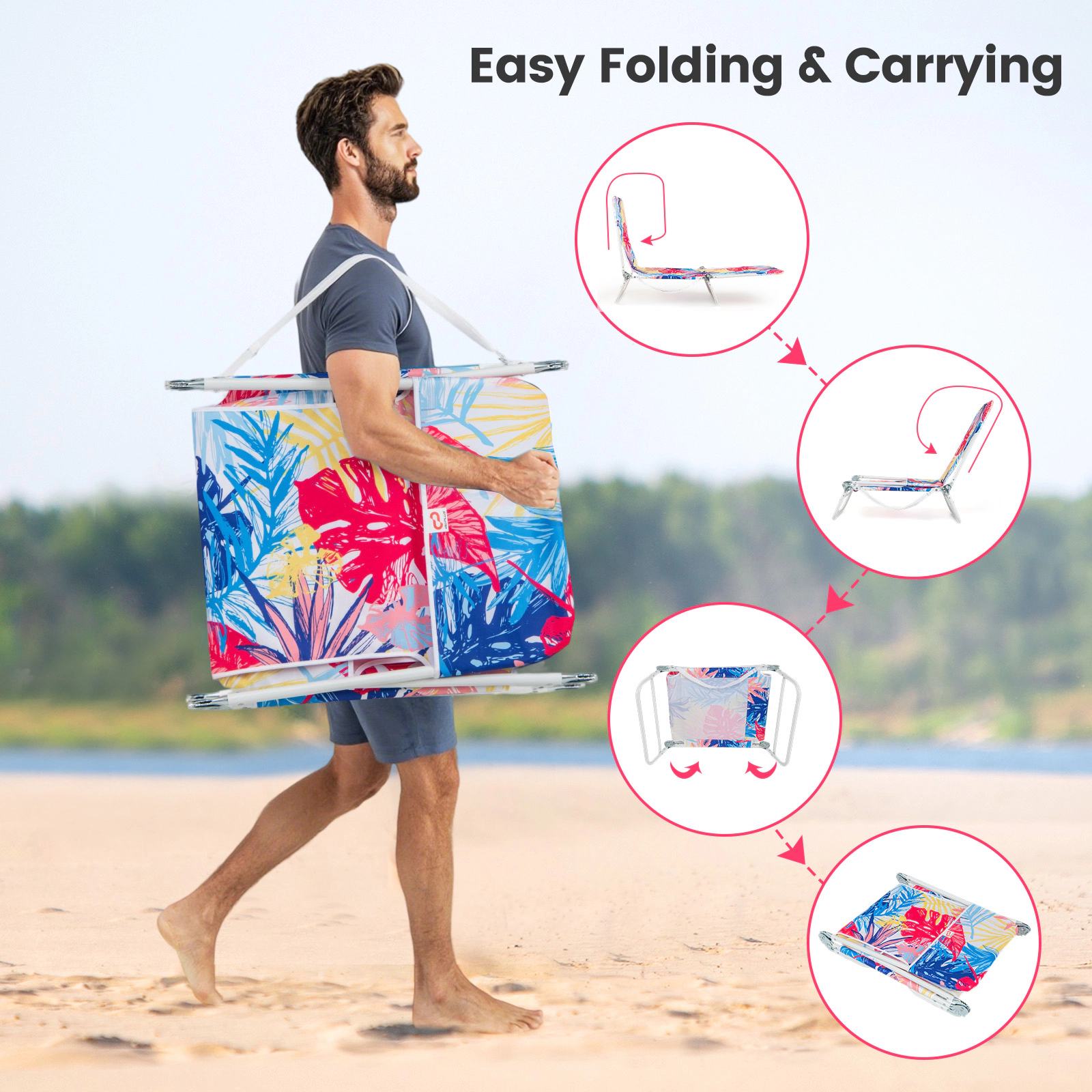 SUGIFT 5-Position Lay Flat Beach Recliner with Carry Strap 330-lb Capacity Pink As Picture Shown