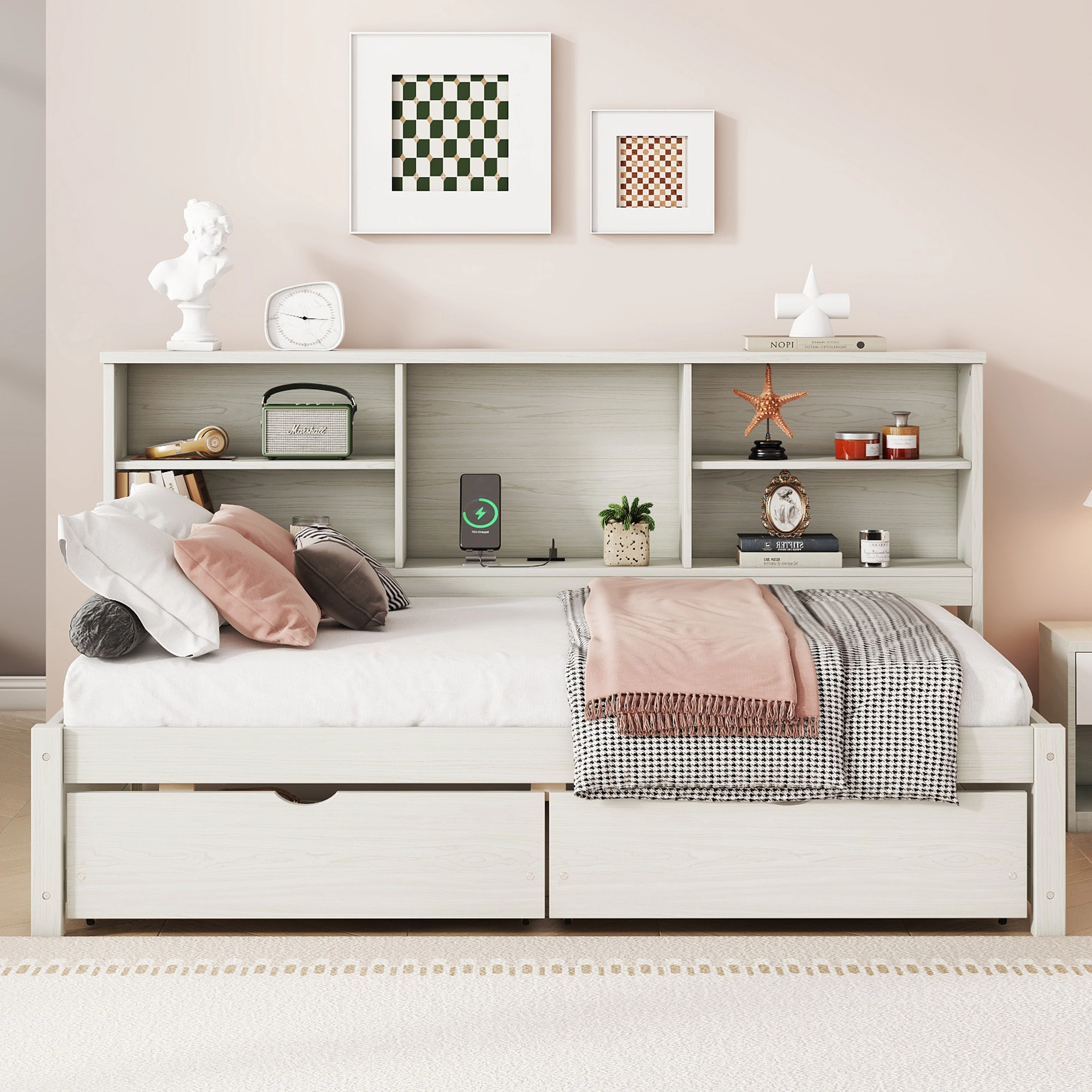 Flynama Twin Bed Frame with Side Bookshelves, Two Drawers & USB Port, Creamy White