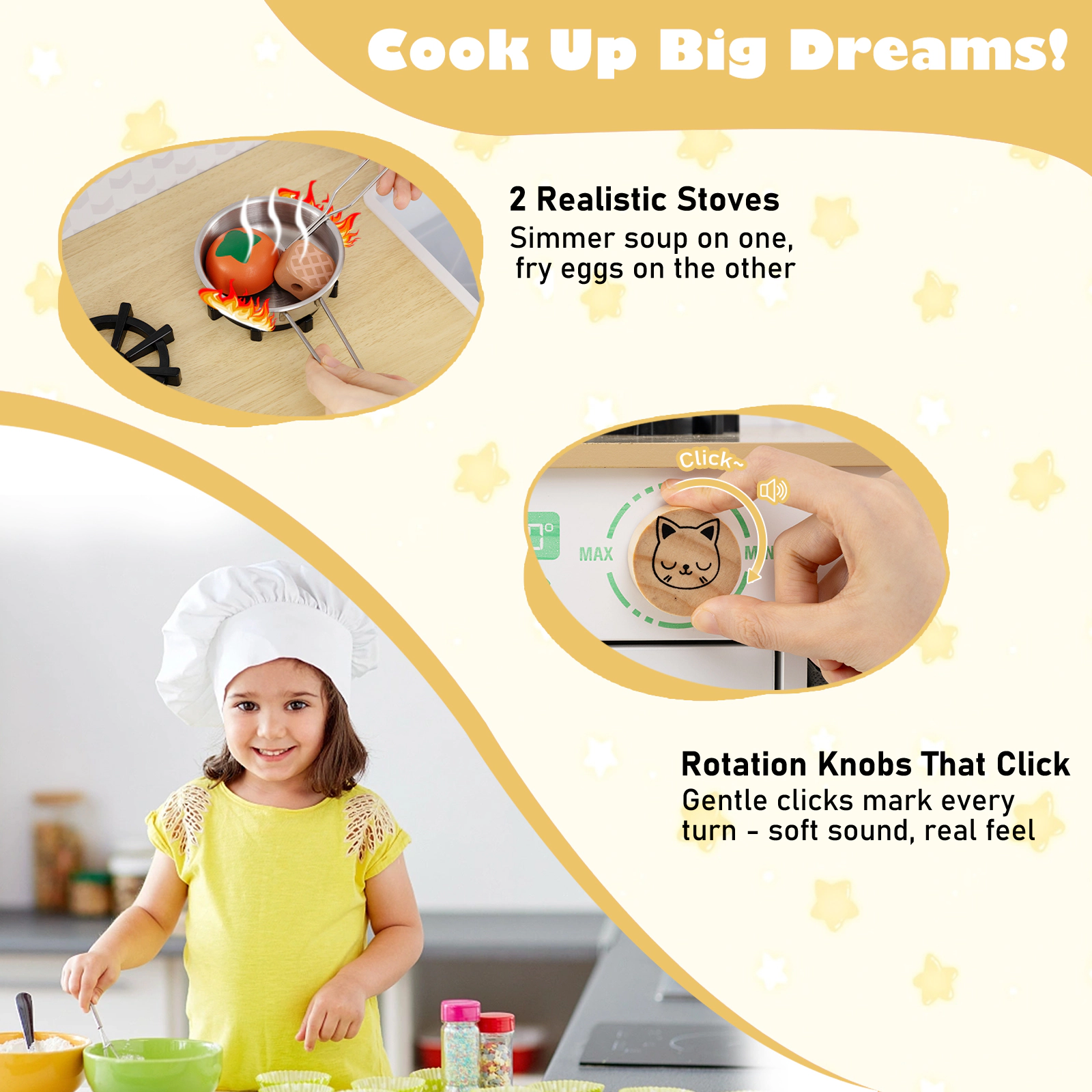 SUGIFT Kids Play Kitchen Toy Playset with 2 Stoves and Rotation Handles 35-in Tall Ages 3-6 Pink/White