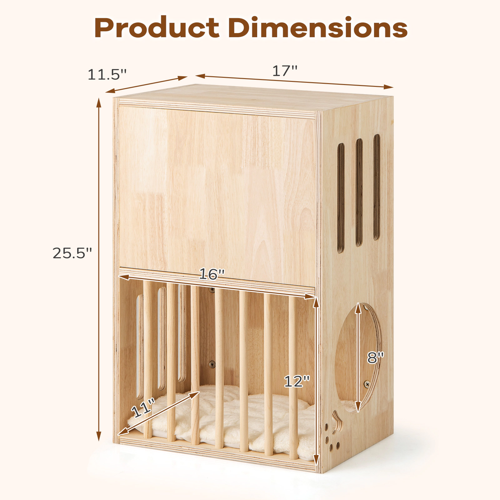 SUGIFT 17 x 25.5-in 33-lb Layer Capacity Natural 2-Tier Wooden Cat Condo House with 2 Removable Cushions