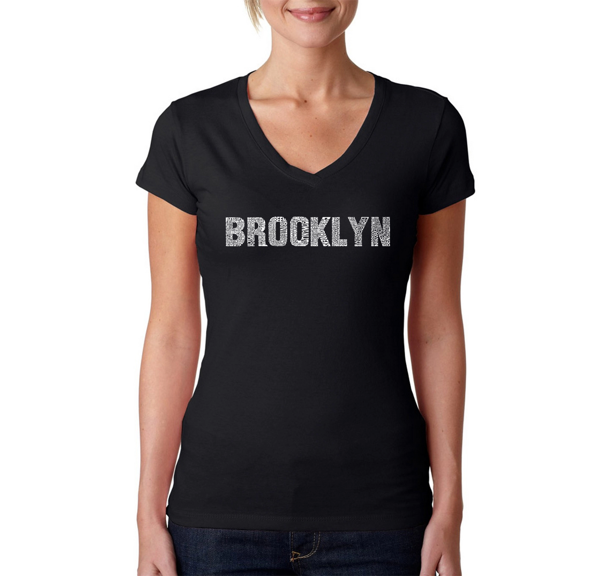 LA Pop Art Womens Word V-Neck T-Shirt - Brooklyn Neighborhoods