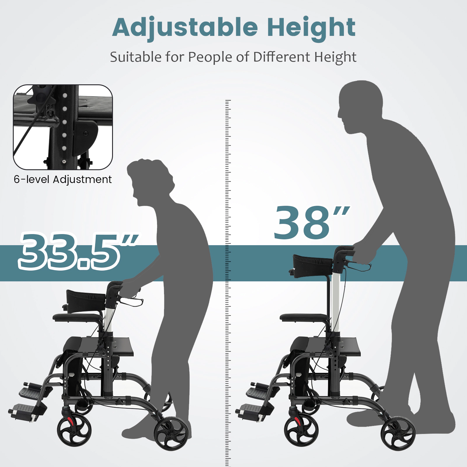 SUGIFT 2-in-1 Folding Aluminum Rollator Walker and Wheelchair with Seat and Wheels 300-lb Capacity 40.5-in Frame Black
