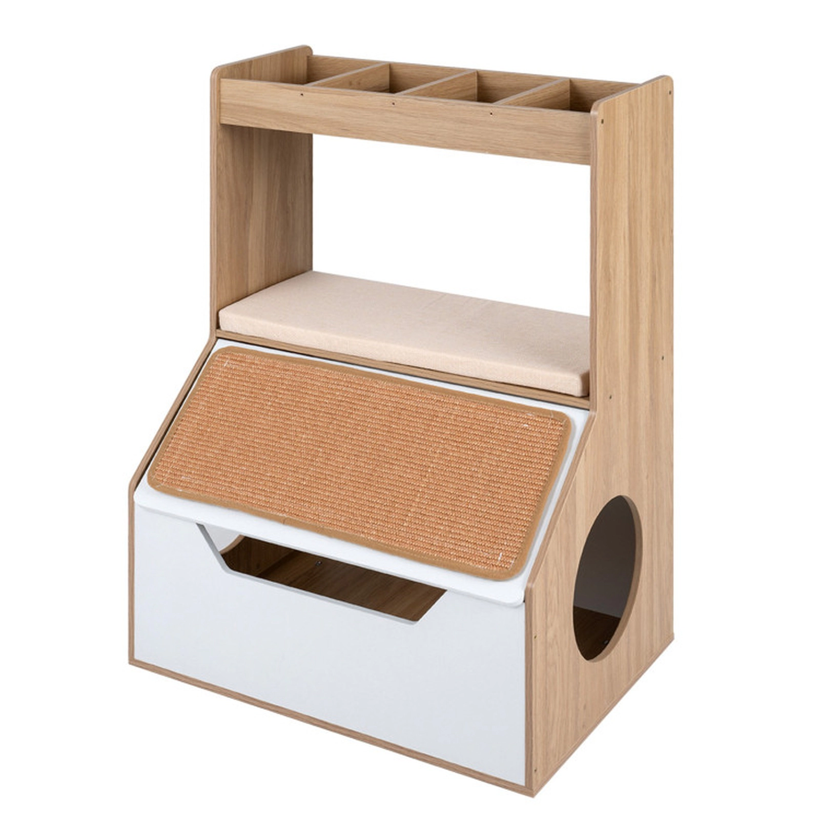 SUGIFT 28 x 39-in 115-lb Capacity Natural 3-in-1 Hidden Cat Litter Box Enclosure House Cabinet with 4 Cubbies