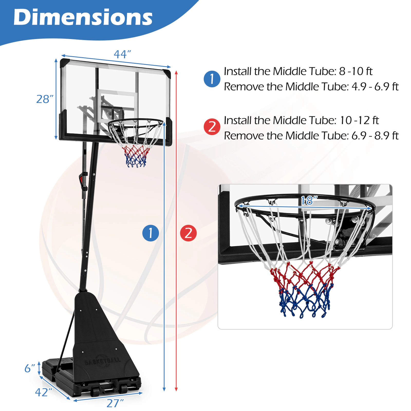 SUGIFT 4.9-ft to 10-ft 10-Level Adjustable Portable Basketball Hoop with 44-in PC Backboard and Rebounder