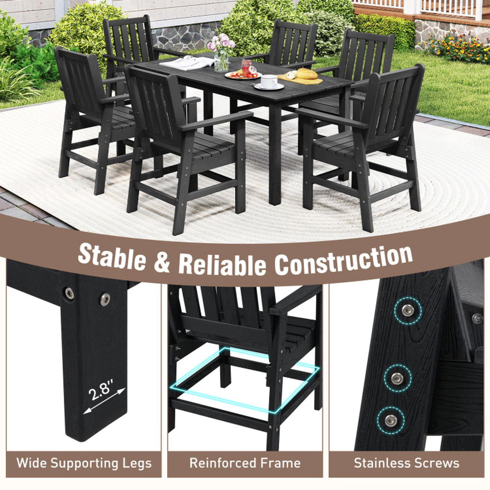 SUGIFT Set of 2 330-lb Capacity Black HDPE Outdoor Dining Chairs with Wide Armrests and Slatted Seat