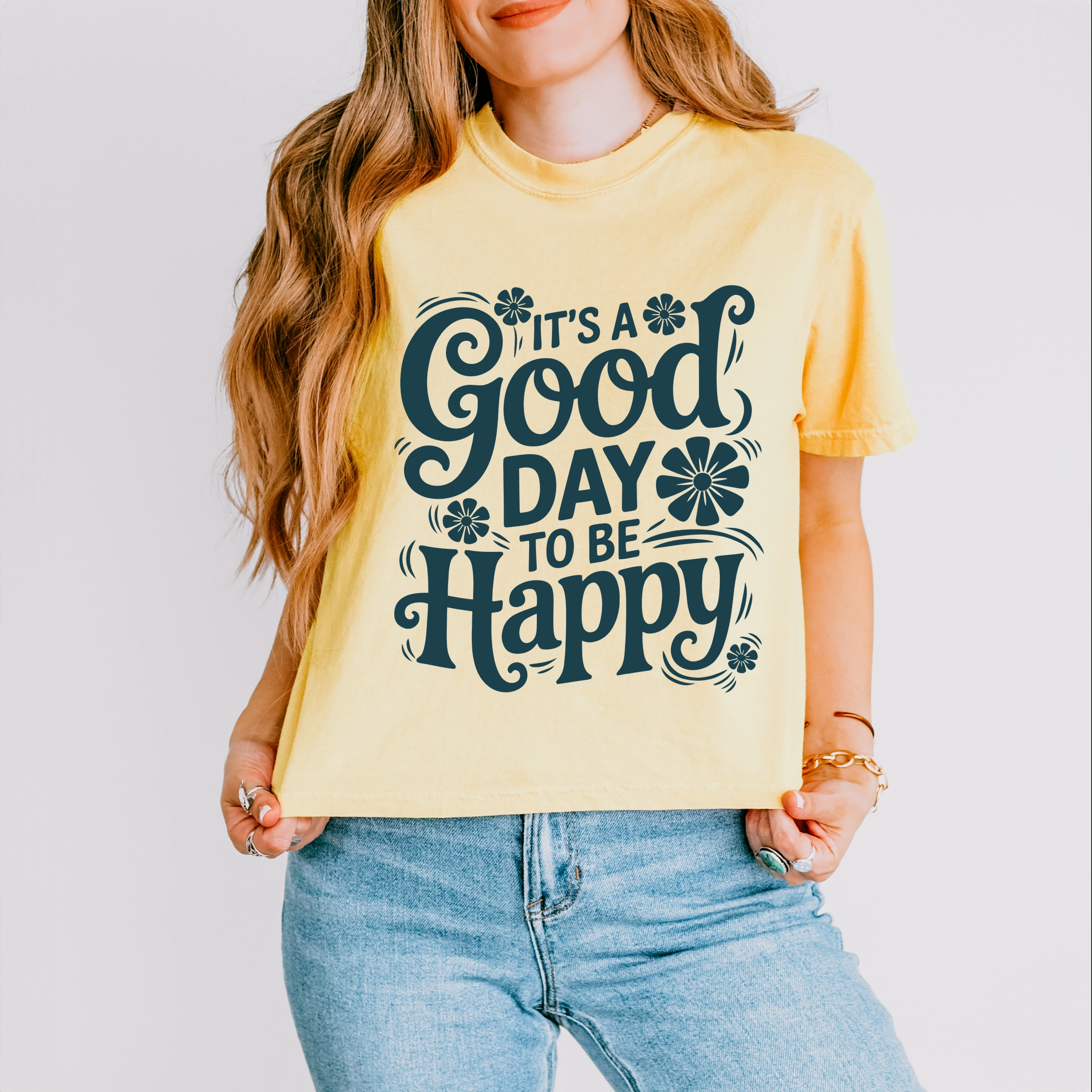 Simply Sage Market - It's A Good Day To Be Happy Flowers Women's Boxy Crop Top Graphic T-Shirt