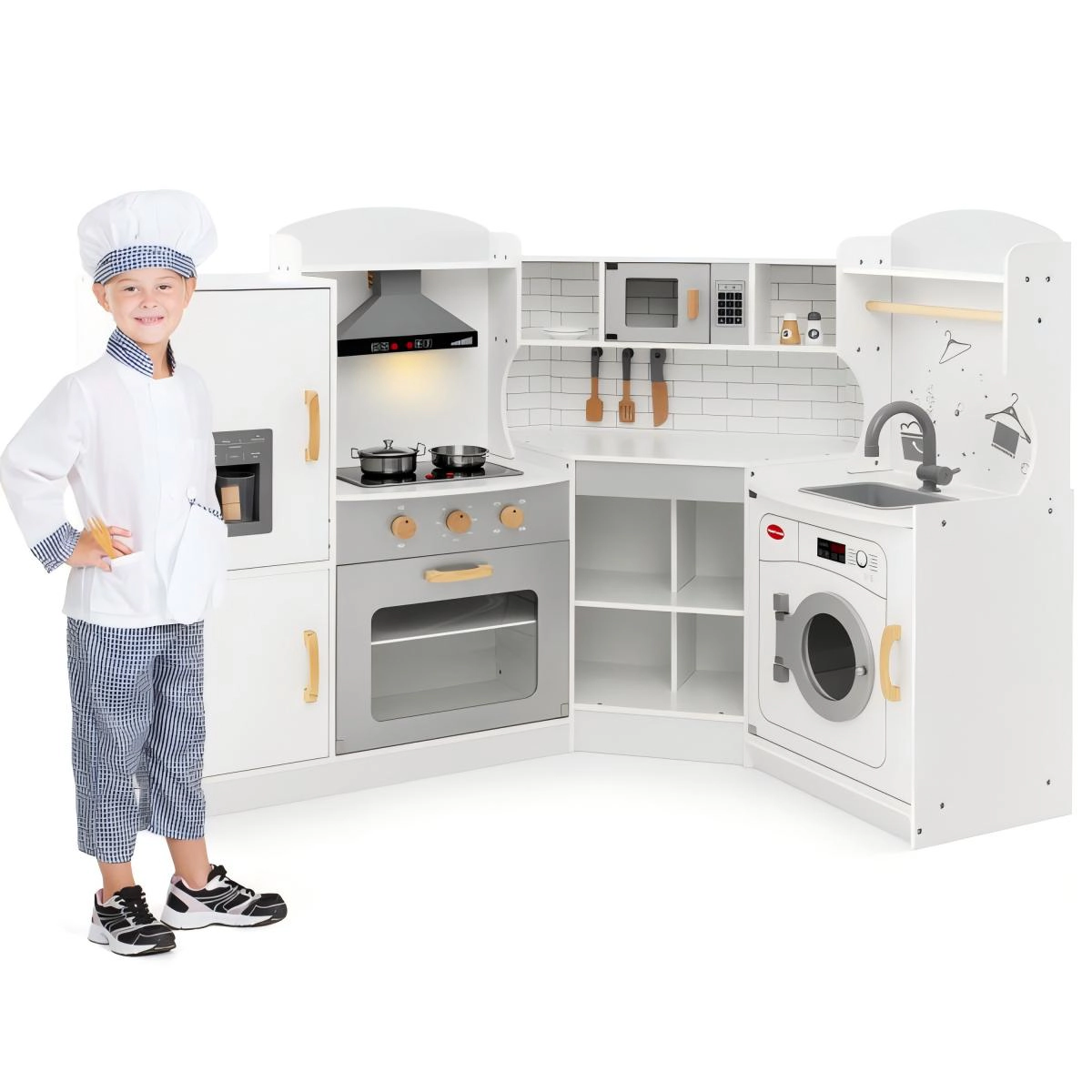 SUGIFT White Washing Machine Ice Maker and Towel Rack Corner Kids Play Kitchen
