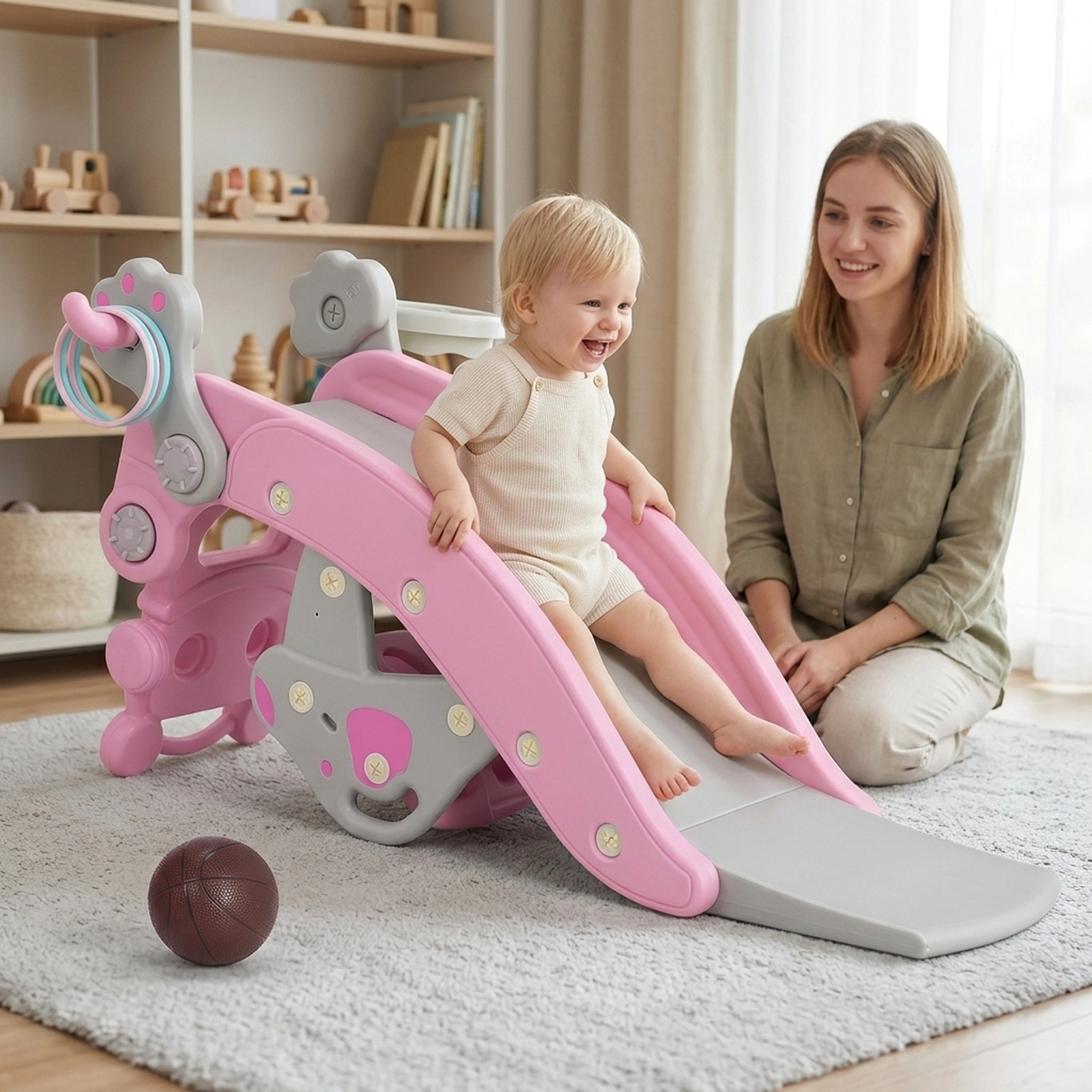 4-in-1 Toddler Slide and Rocking Horse Set Basketball Hoop Ring Toss and Detachable Seat 132-lb Capacity Ages 1-5 Pink
