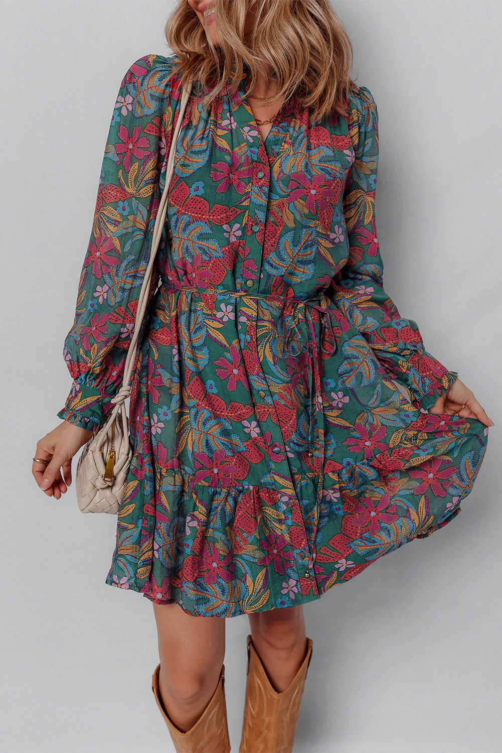 Threaded Pear Women's Maria Floral V Neck Puff Sleeve Dress