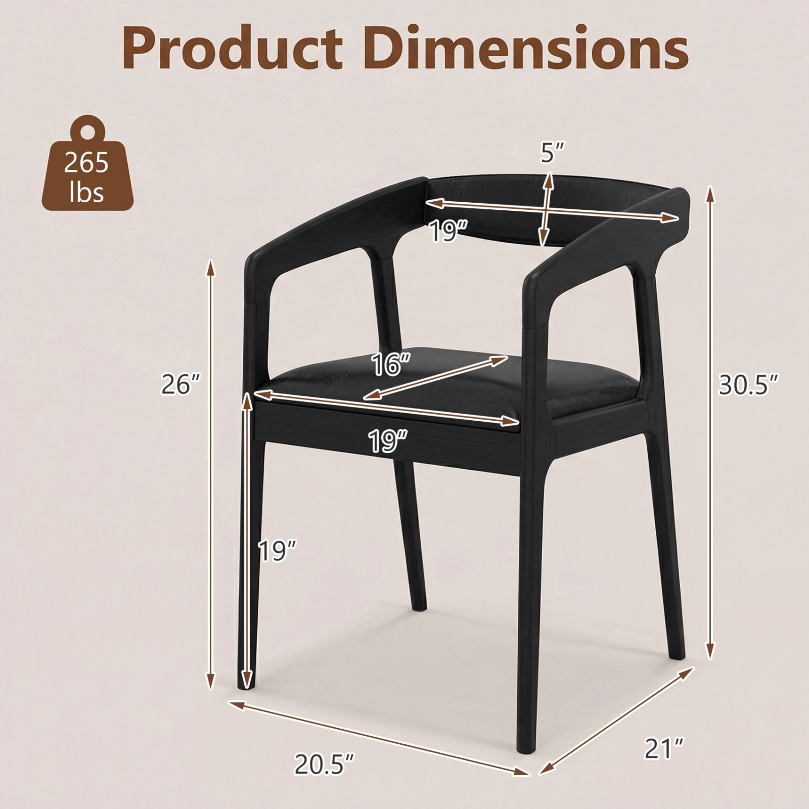 SUGIFT Ergonomic Upholstered Dining Armchairs Set of 2 with Padded Seat Cushion 265-Lb Capacity 21-in Tall Brown & Black