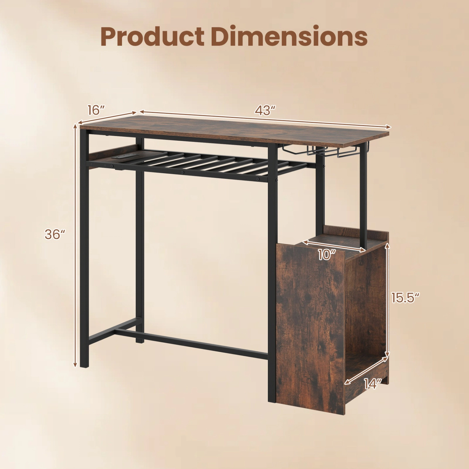 SUGIFT 43-In Counter-Height Pub Table, Rustic Brown, RGB LED Light, Charging Station and Wine Rack