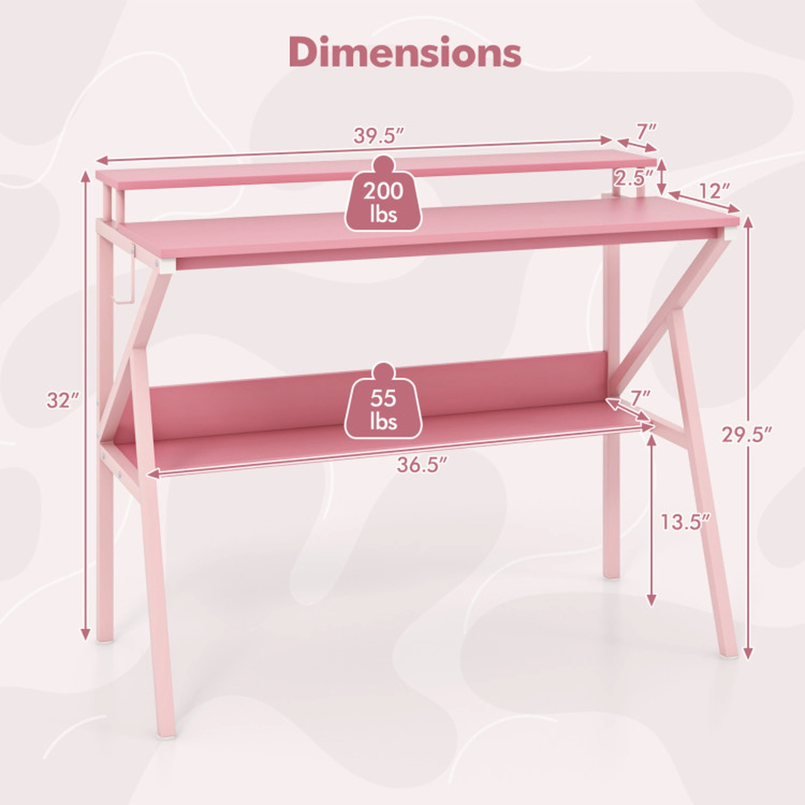 SUGIFT 39.5-in Pink Computer Desk with Monitor Stand, Shelf and Hooks