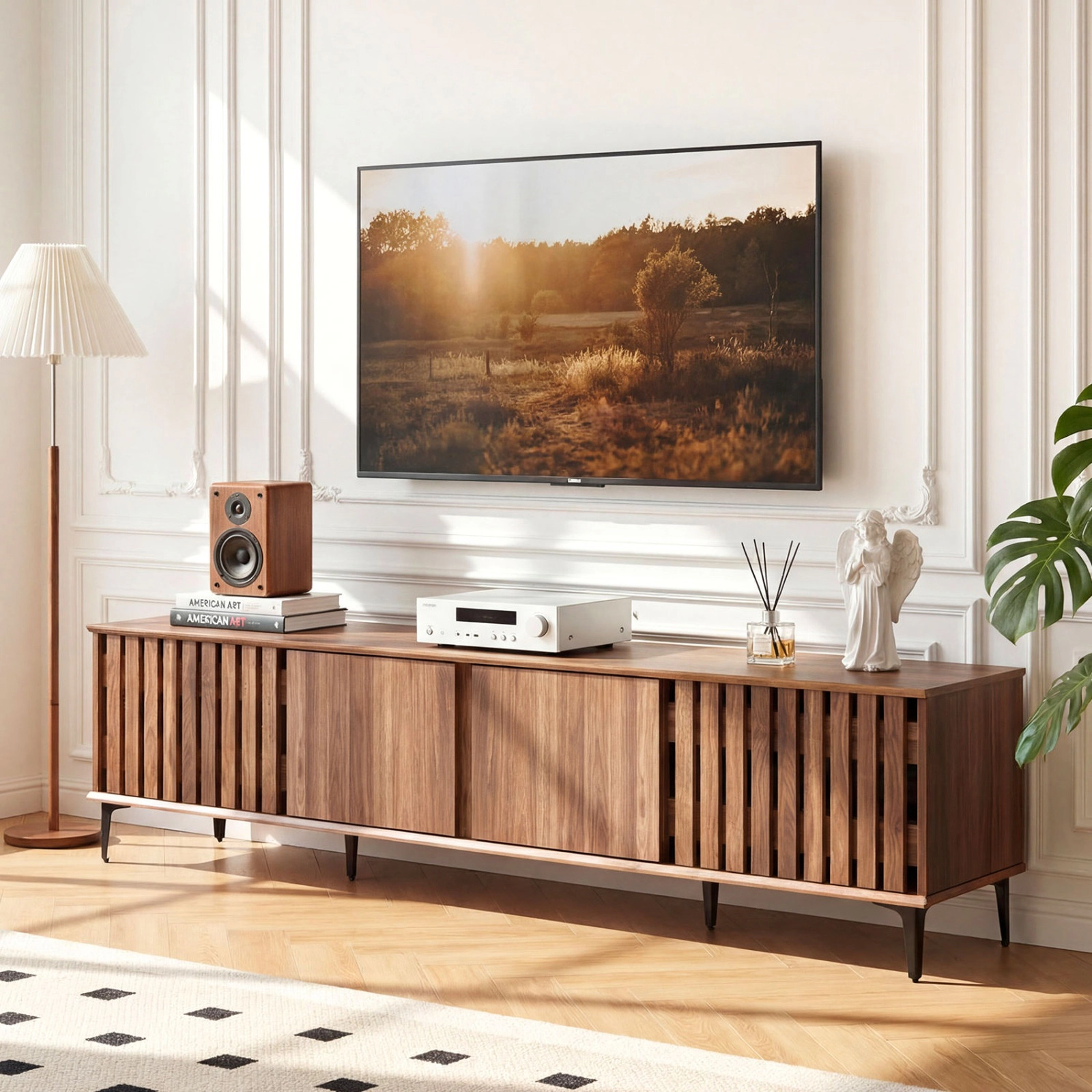 SUGIFT Mid Century Modern Entertainment Center TV Stand with 4 Storage Cabinets 71-in Wide 190-lb Tabletop Walnut