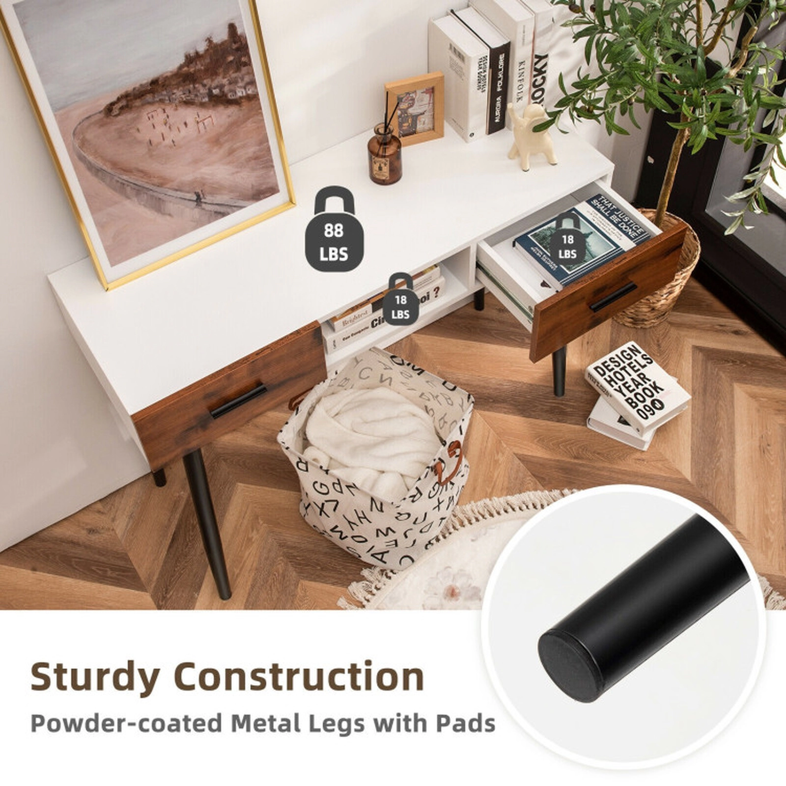 SUGIFT 42-in Industrial Console Table with 2 Drawers and Open Shelf 88-lb Capacity Black White Brown
