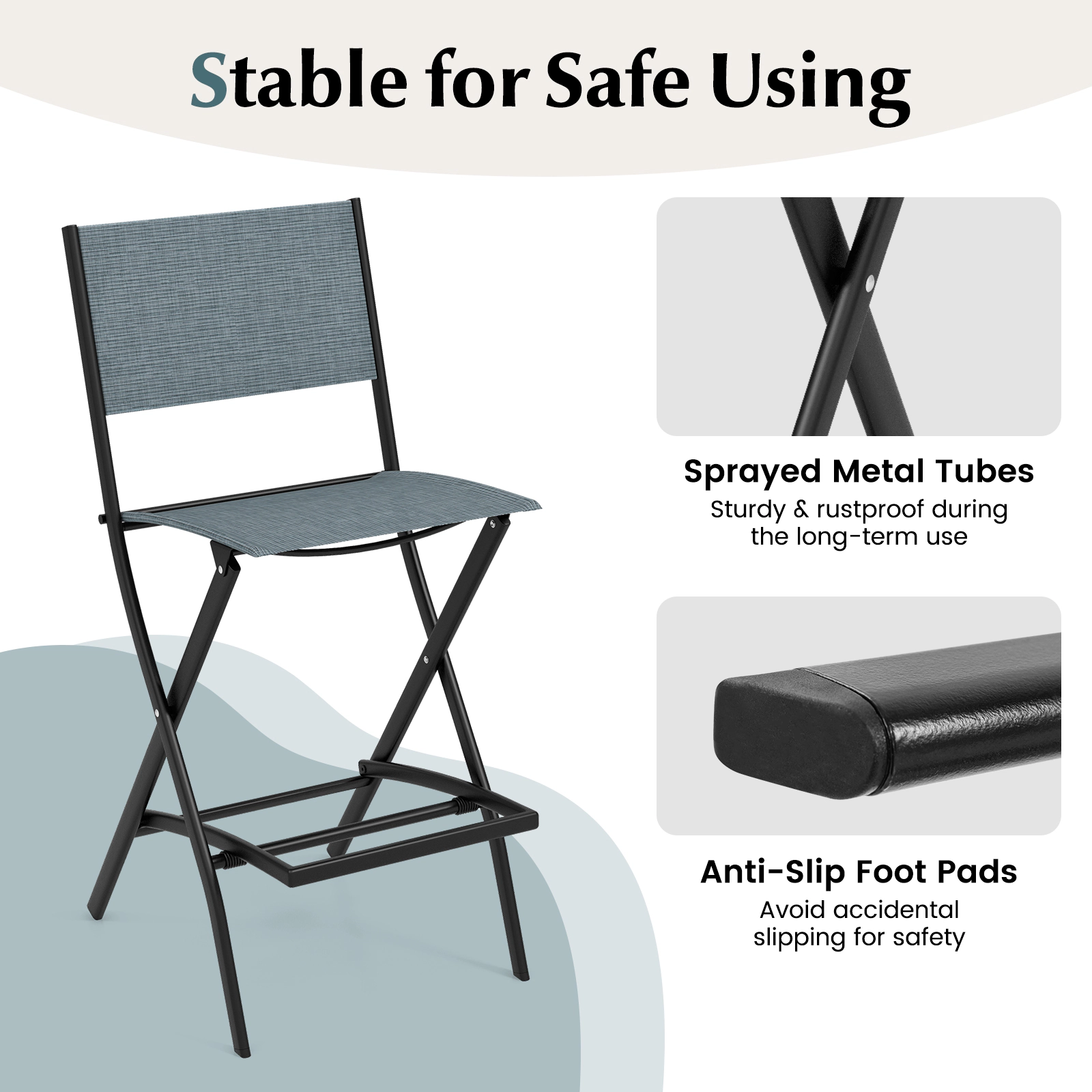 SUGIFT Folding Fabric Bar Stool Set of 2 with Backrest and Footrest for Home Bar Sets 330-lb Capacity 28-in Seat Height