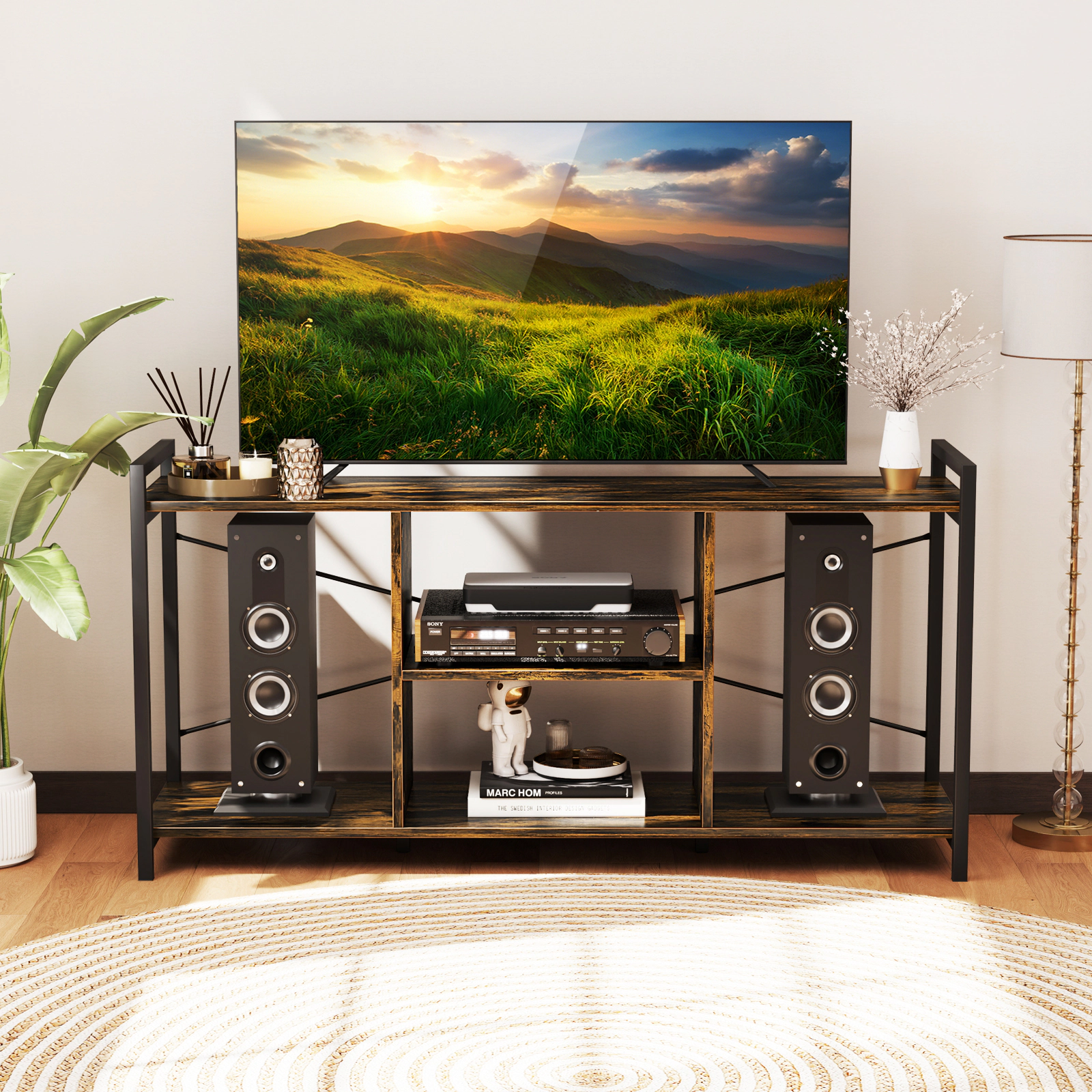 SUGIFT 3-Tier Industrial TV Stand for 55-In TVs with Open Shelves 200-Lb Capacity 47-in Wide Rustic Brown & Black