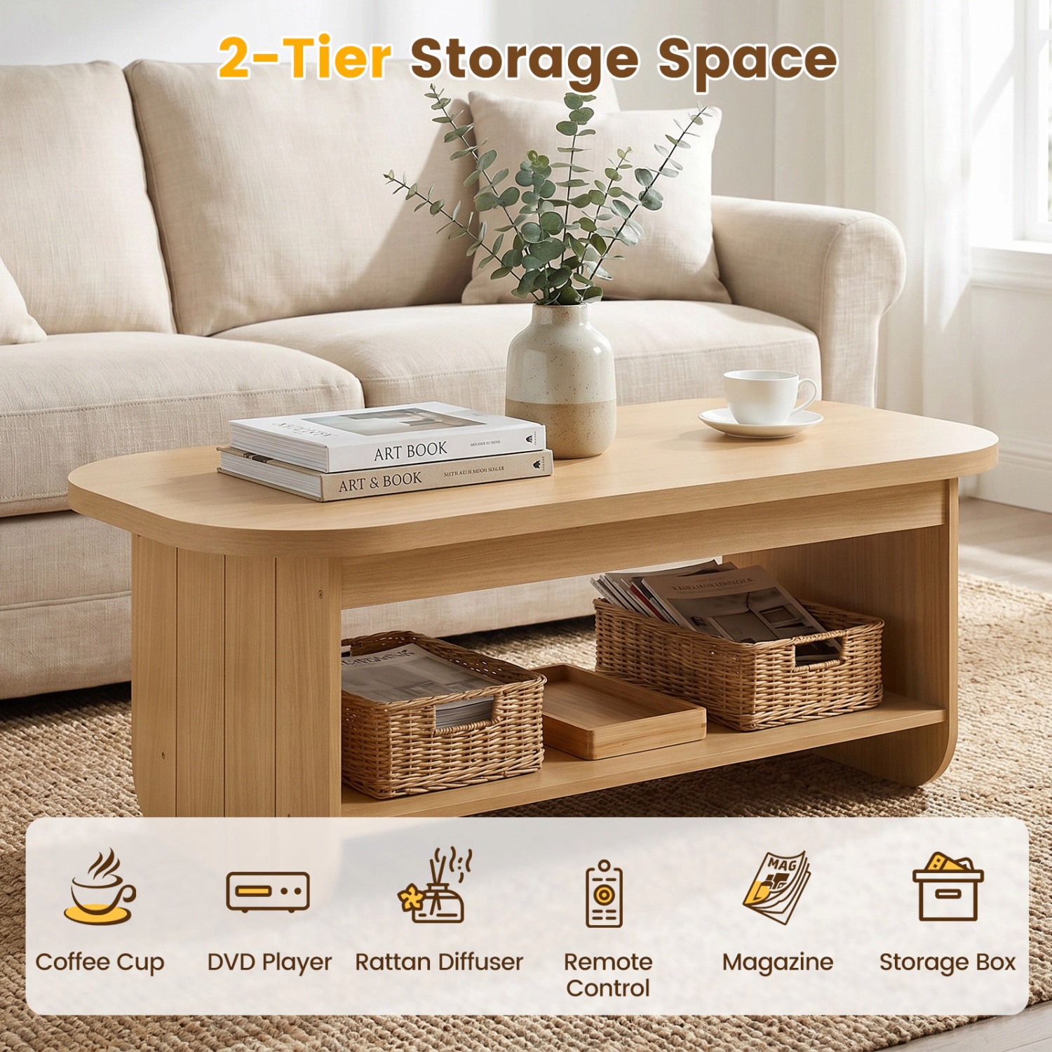 Glintex 2-Tier 47-Inch Oval Coffee Table with Fluted Base and Bottom Shelf