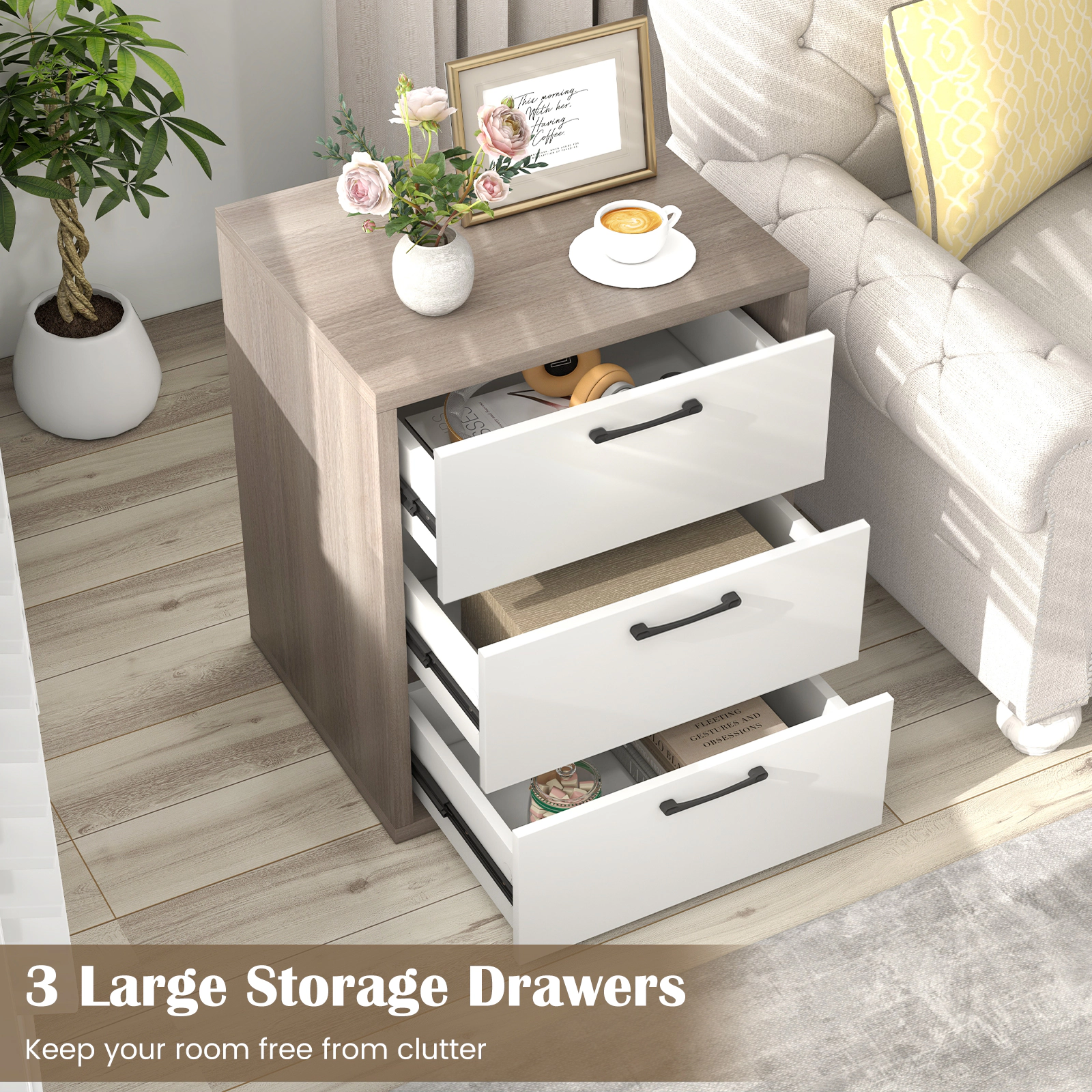 Glintex 3-Drawer Dresser Nightstand with 110-Lb Tabletop and Metal Slide Rails, Gray