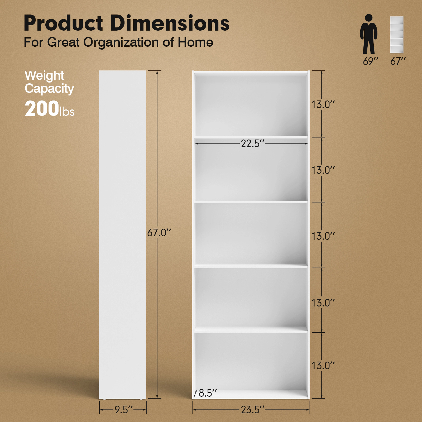 SUGIFT 5-Shelf Modern Engineered Wood Storage Bookcase 24 x 9.5 x 67-in Display Cabinet 45-lb Tier Capacity White