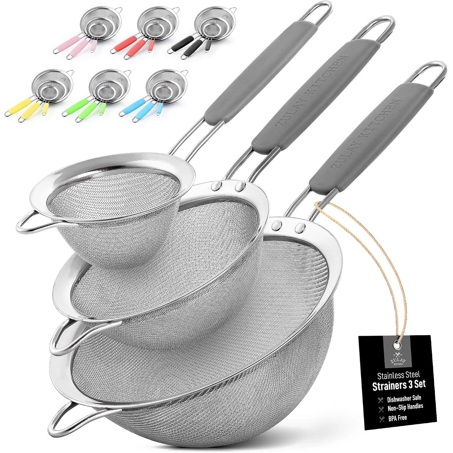 Zulay Kitchen Premium Stainless Steel Fine Mesh Strainer Set - Strainers For Kitchen (Set of 3) with Non-Slip Handles