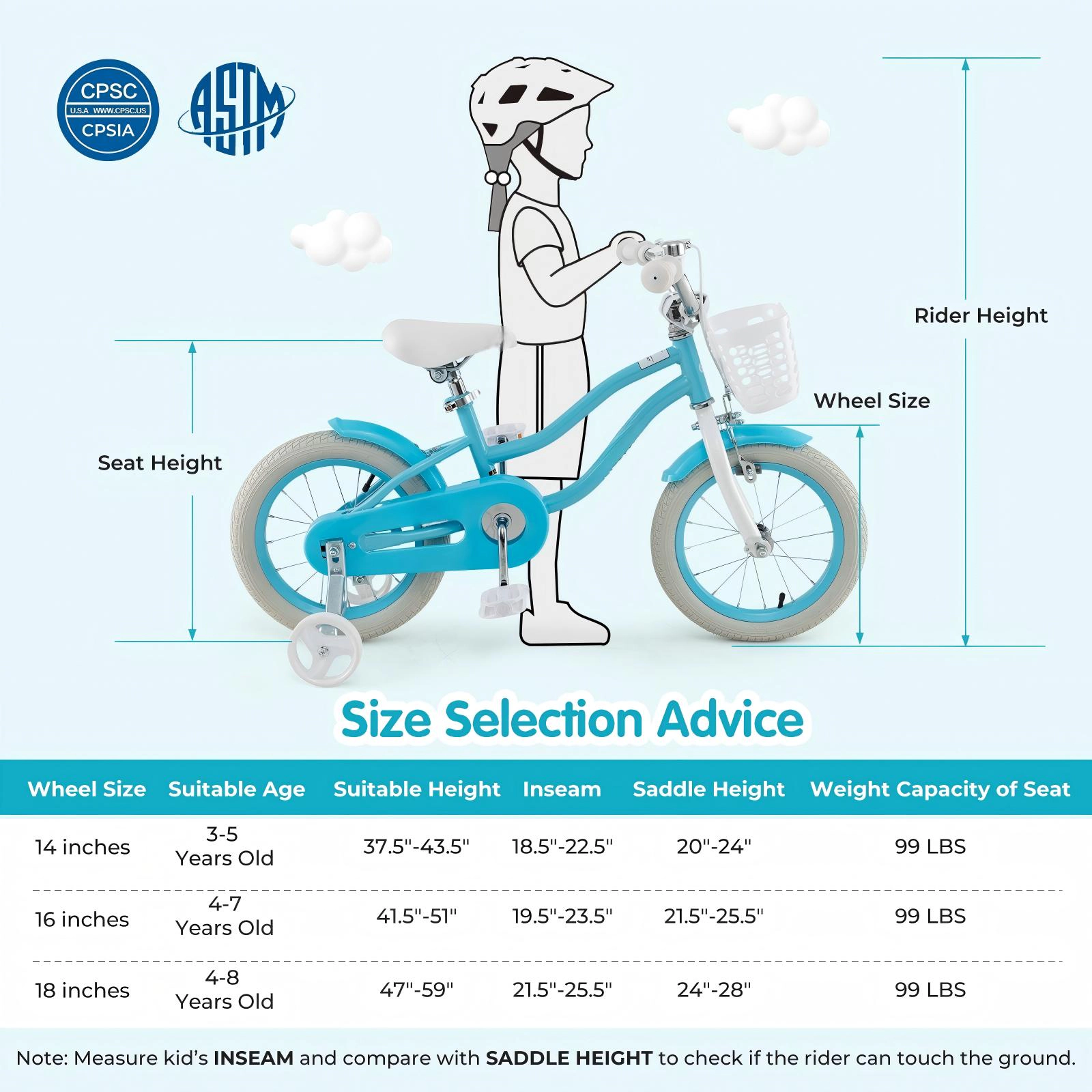 SUGIFT 14-in Toddler Kids Bike with Basket Training Wheels and Dual Brakes for Ages 3-5 99-lb Seat Capacity Blue