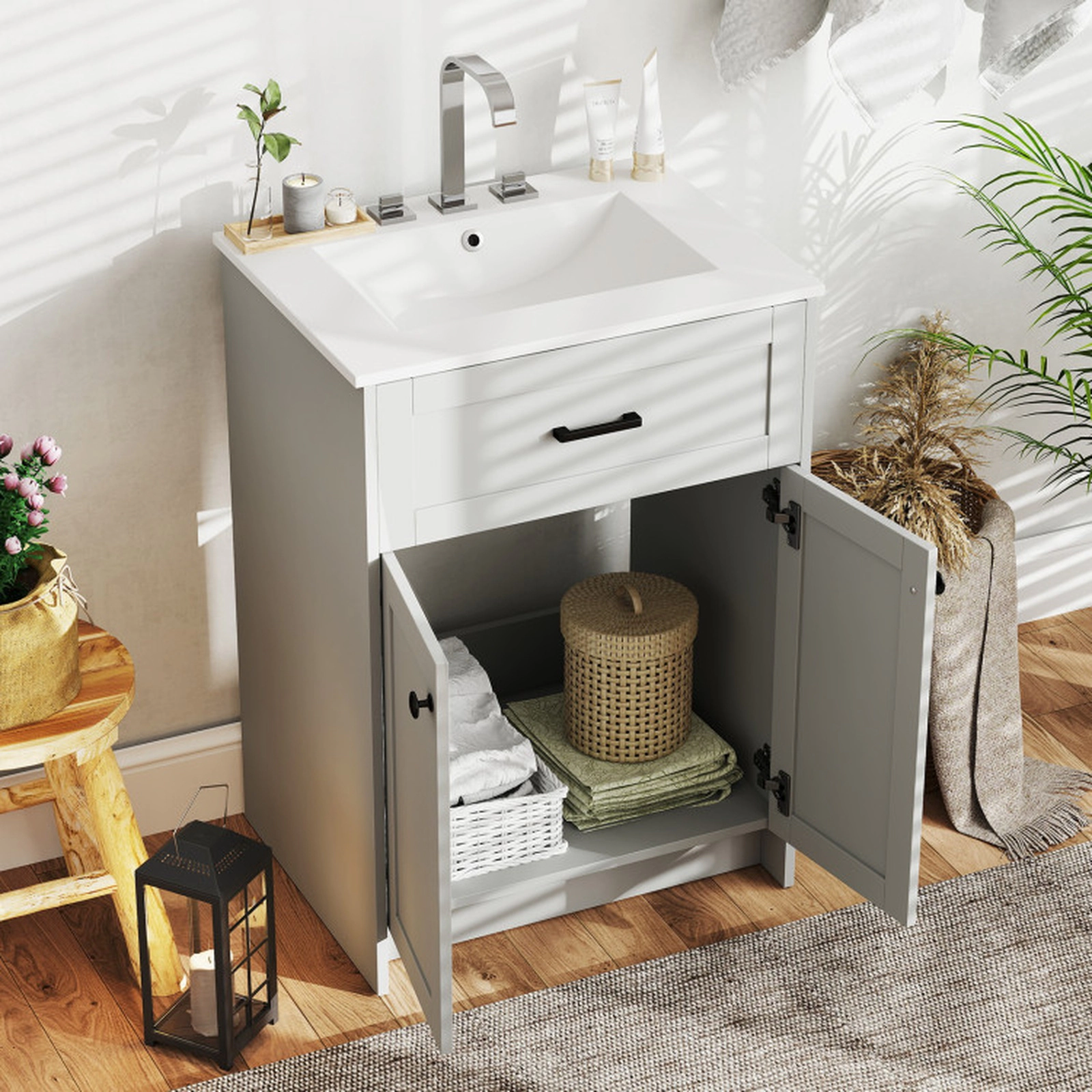SUGIFT 2-Door Ceramic Basin Anti-Overflow Hole Bathroom Vanity Unit Cabinet 24-in x 18-in x 34-in 250-lb Capacity Gray