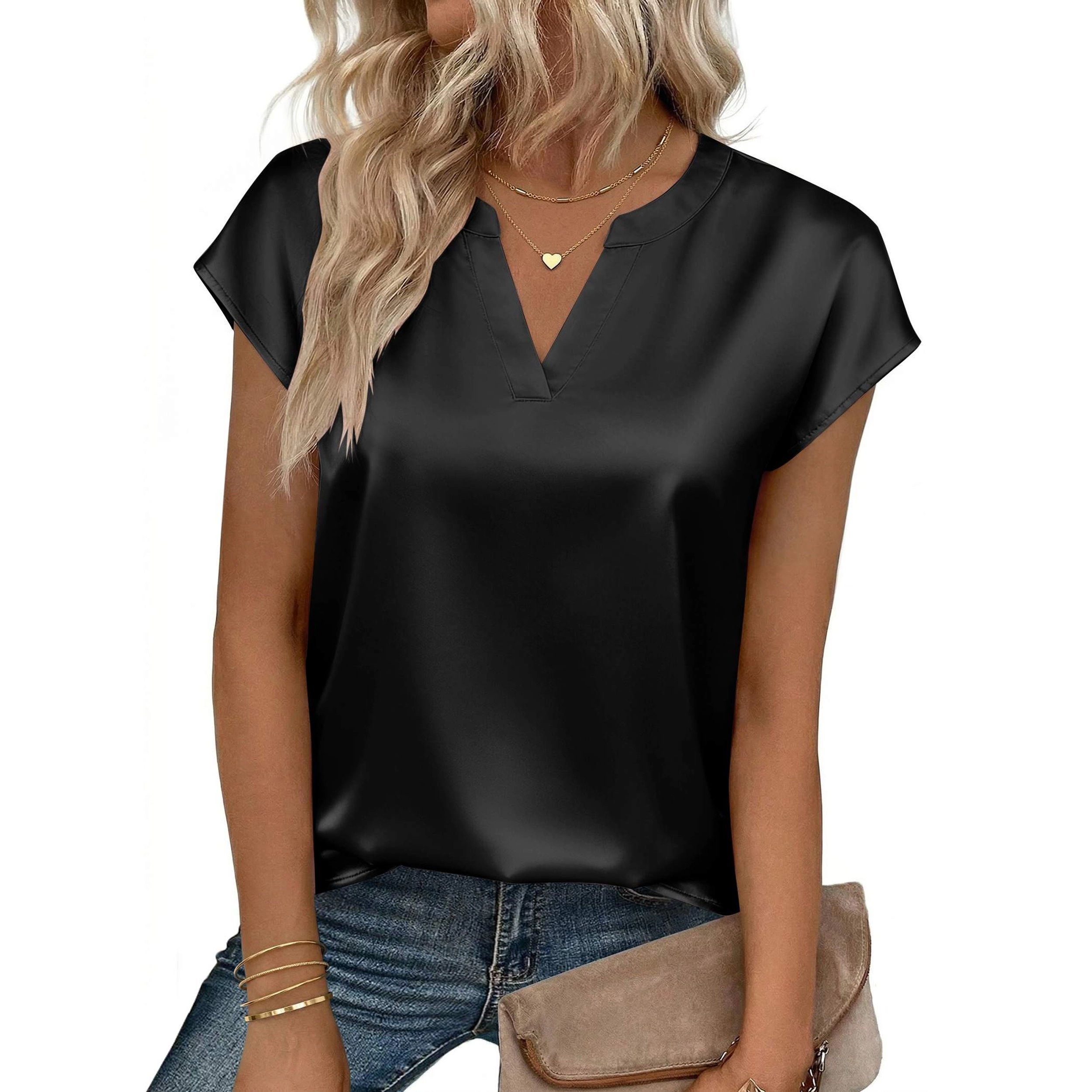 Zeagoo Womens Cap Sleeve V Neck Silk Satin Blouses Dressy Business Casual Spring Summer Shirts