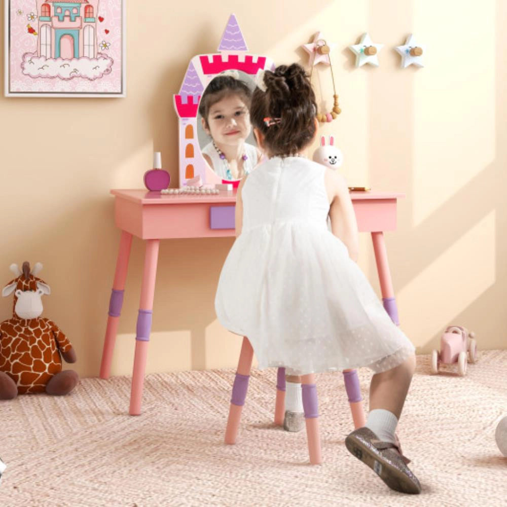 Hivvago Kids Princess Vanity Table And Stool Set With Drawer And Mirror-Pink