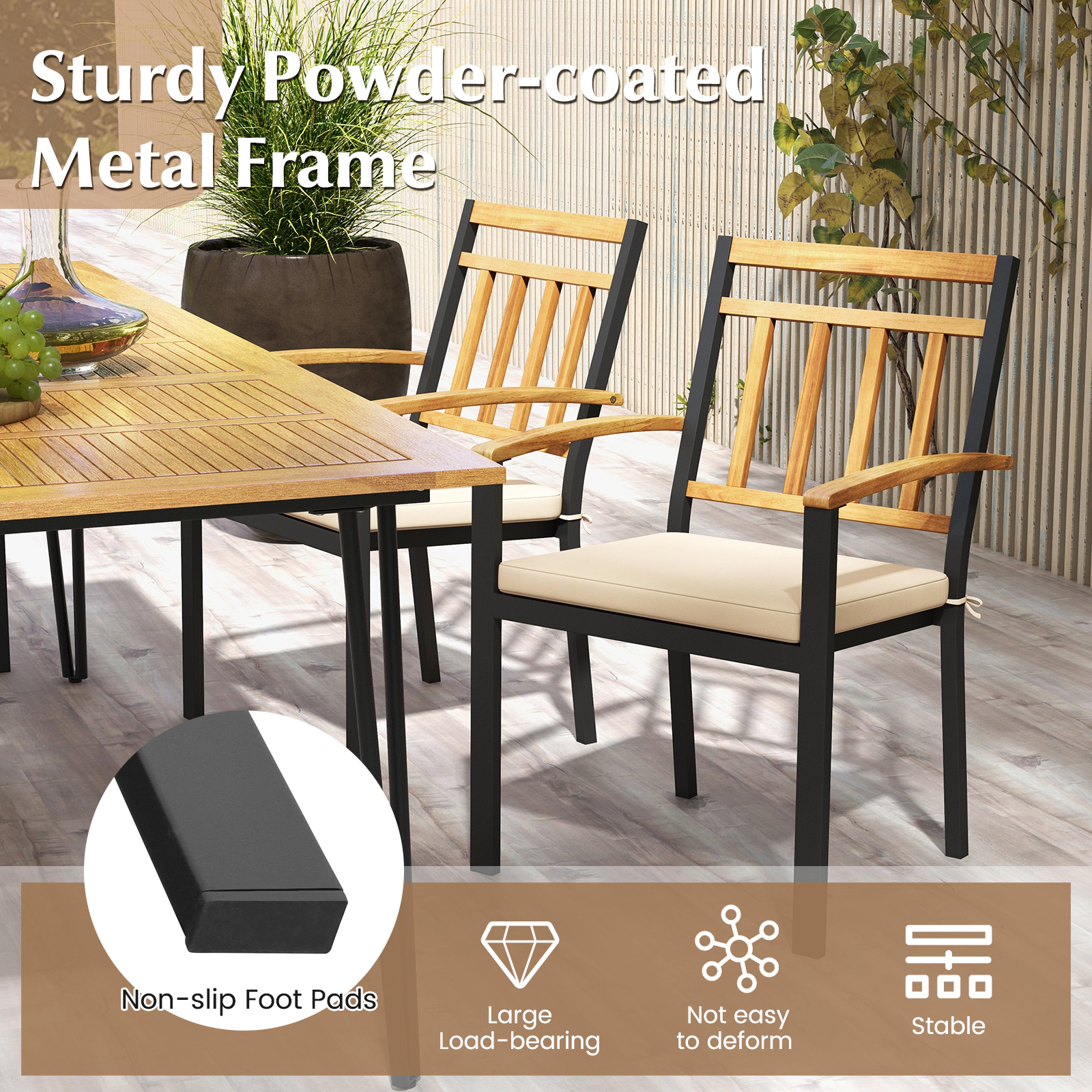 SUGIFT Set of 2 Outdoor Patio Dining Chairs with Cushions and Acacia Wood Armrests