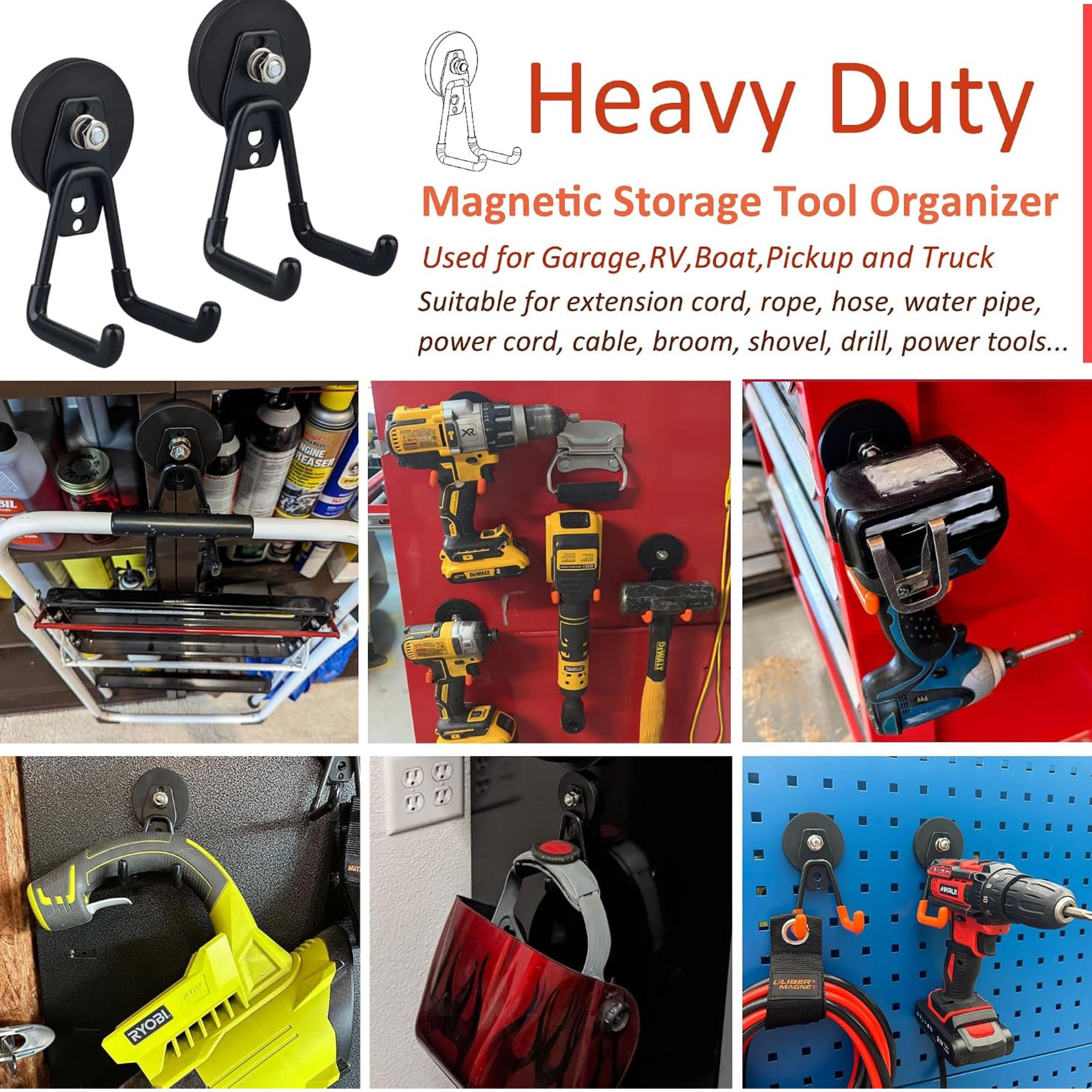 Stock Preferred Pack of 2 Magnetic Tool Storage Hooks for Garage Workshop and Garden Tools