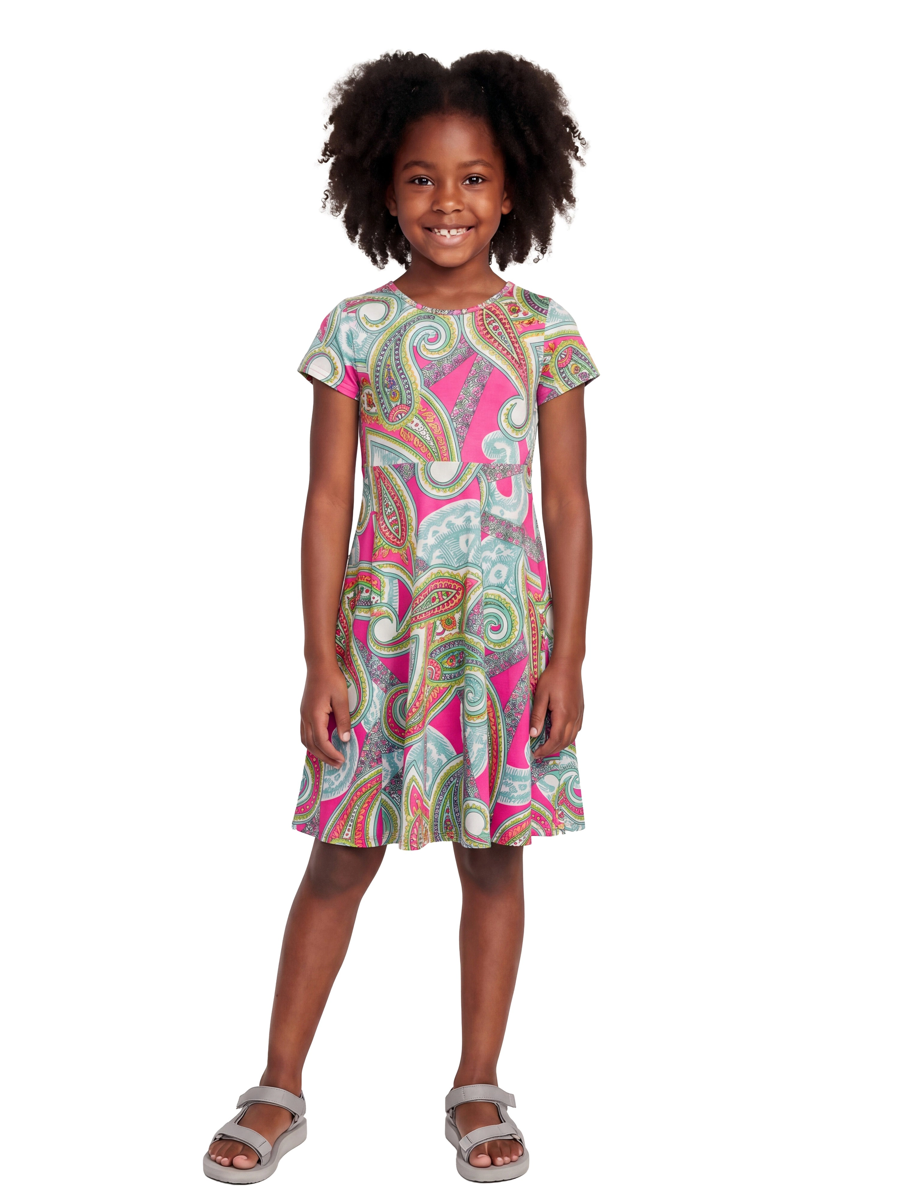 24sevenKid Girls Pink Paisley Print Short Sleeve Fit and Flare Dress