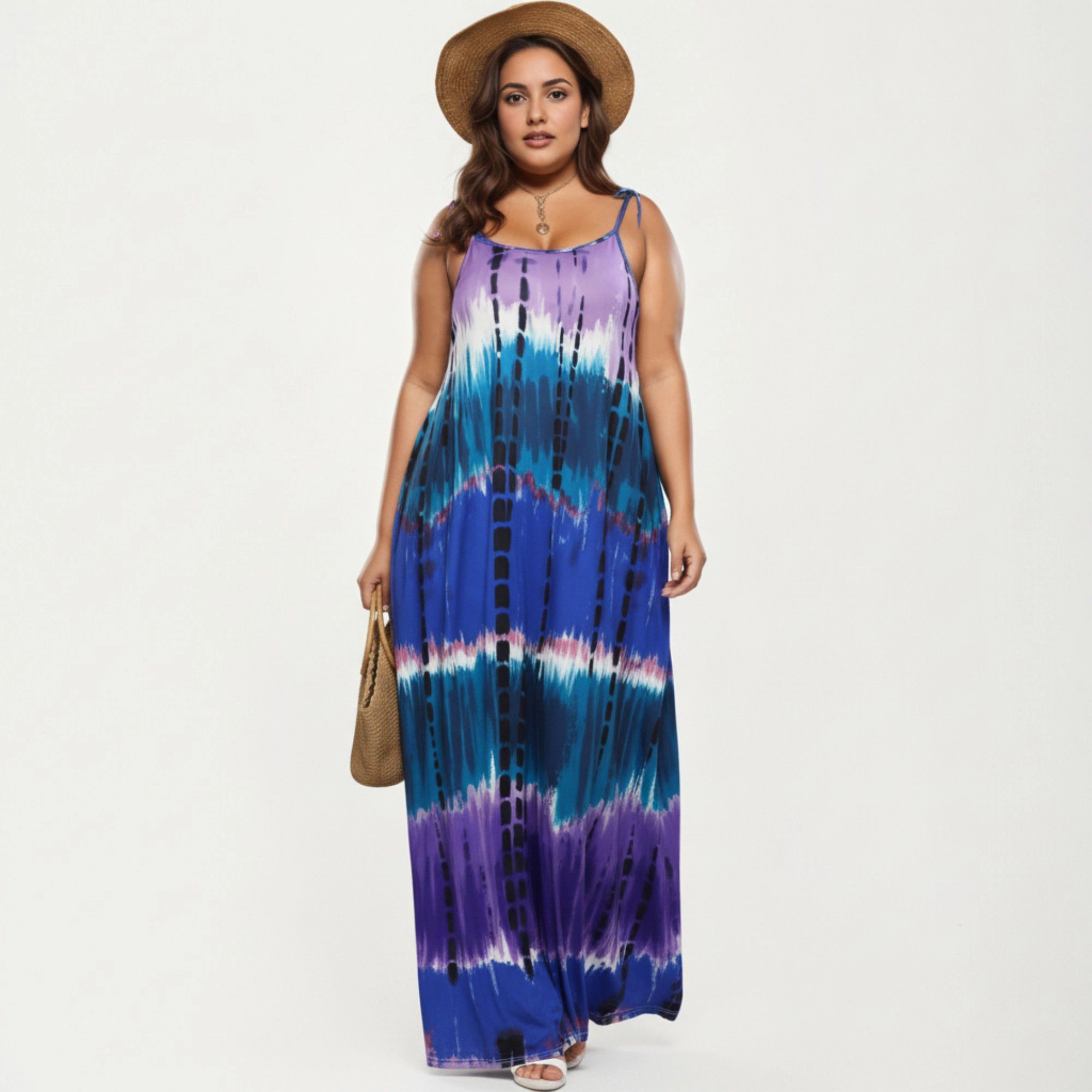 Anna-Kaci Women's Plus Adjustable Strap Scoop Neck Tie Dye Print Loose Fit Maxi Dress