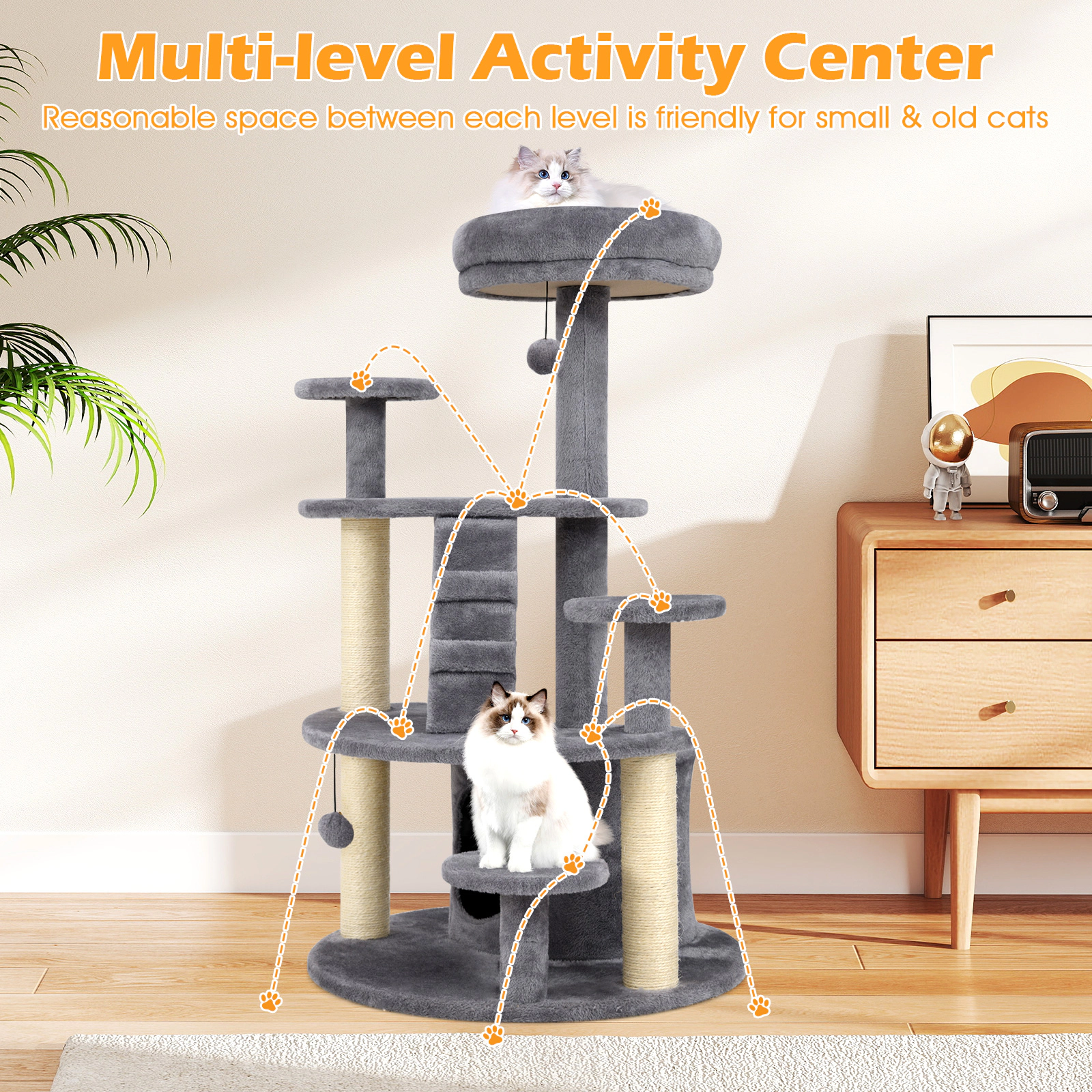 Glintex 40-Inch Cat Tower with Curved Bridge 3 Round Perches and Climbing Ladder, Gray