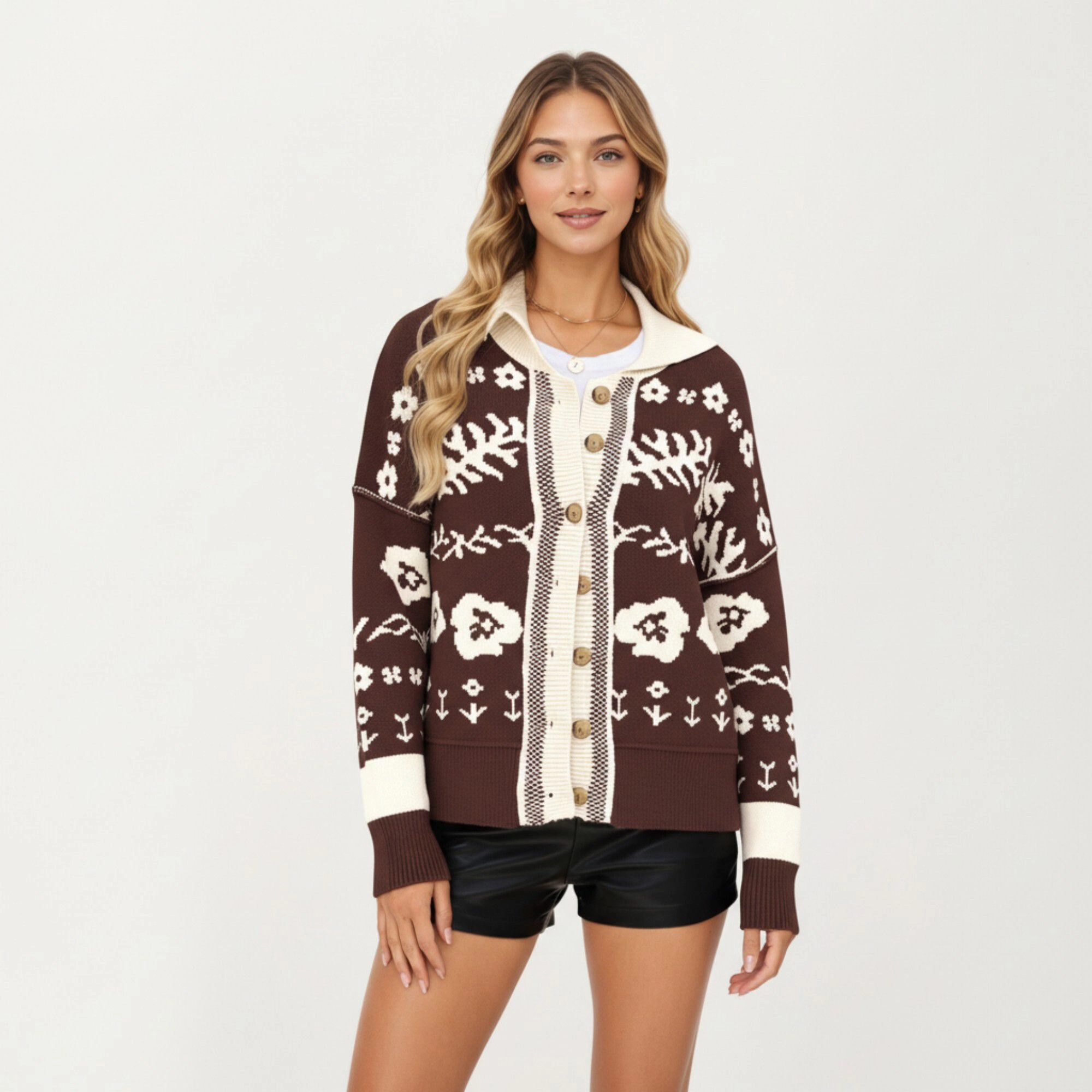 Anna-Kaci Women's Floral Jacquard Button Front Cardigan Top with Soft Knit Texture, Relaxed Drop Shoulder Fit