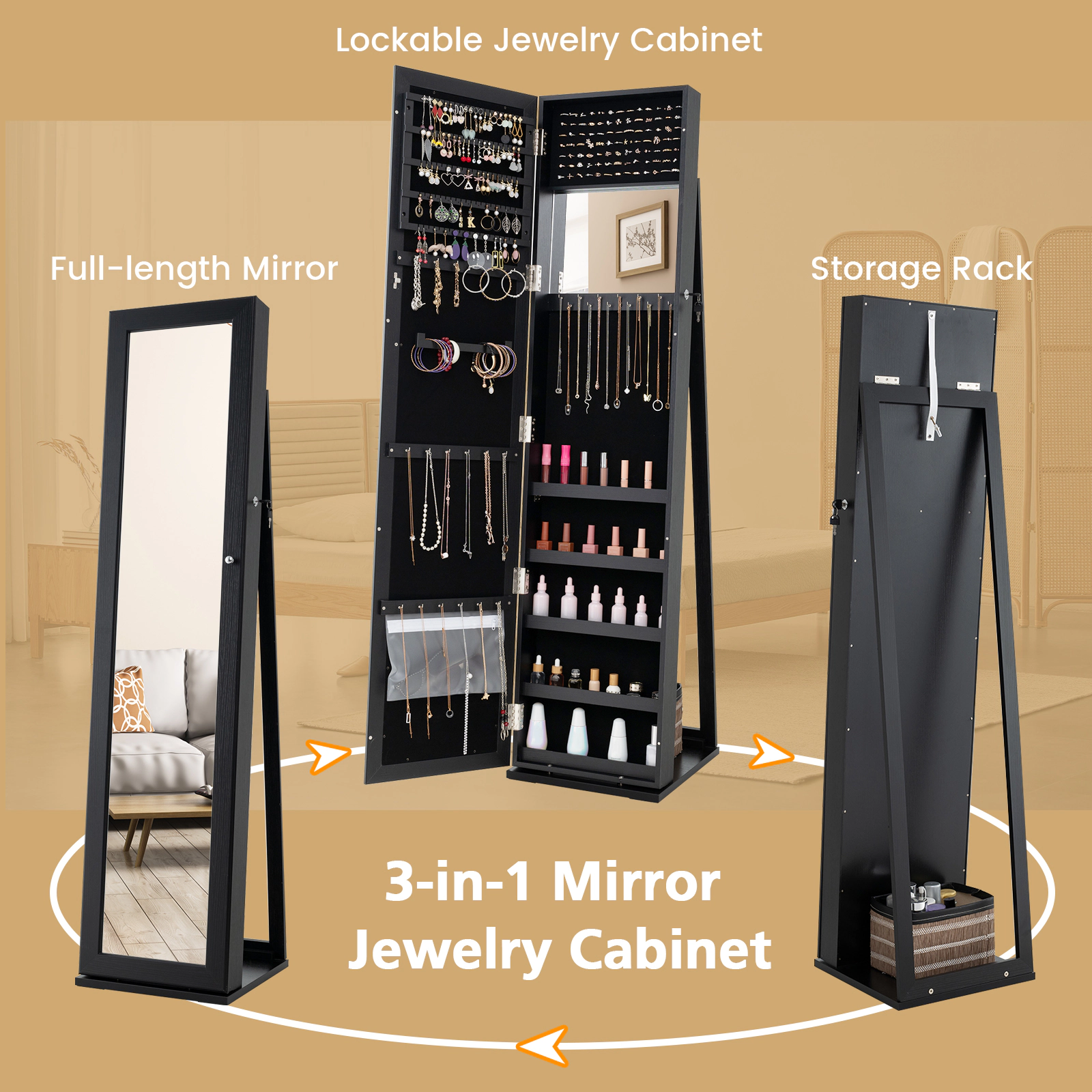 Hivvago Standing Lockable Jewelry Storage Organizer with Full-Length Mirror