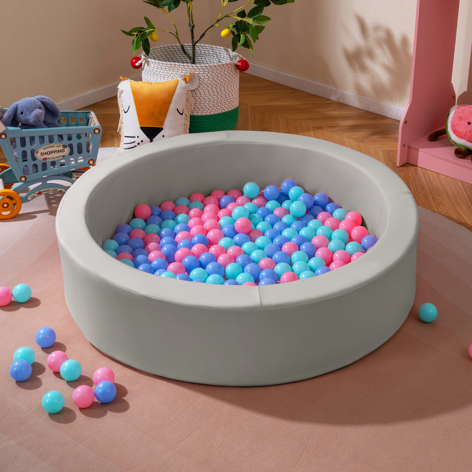 41.5-in Round Foam Ball Pit for Toddlers 200 Ocean Balls Included 25D Sponge Walls and Washable PU Cover Ages 3+ Gray