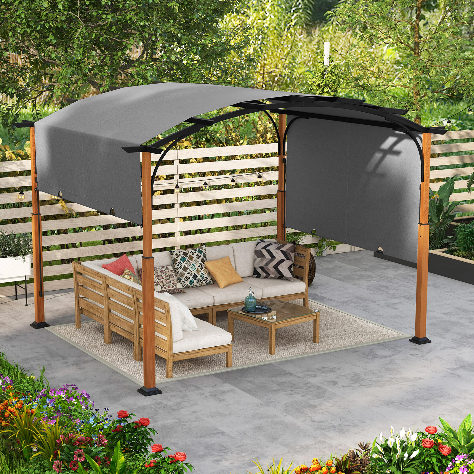 SUGIFT 10-ft x 12-ft Beige Metal Pergola with Retractable Shade Canopy and 16 Ground Nails for Backyard