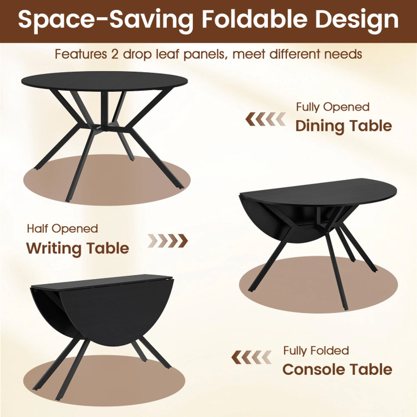 SUGIFT Folding Extendable Round Dining Table with Drop Leaves 200-lb Capacity 47-in Top 36.5-lb Metal MDF Black