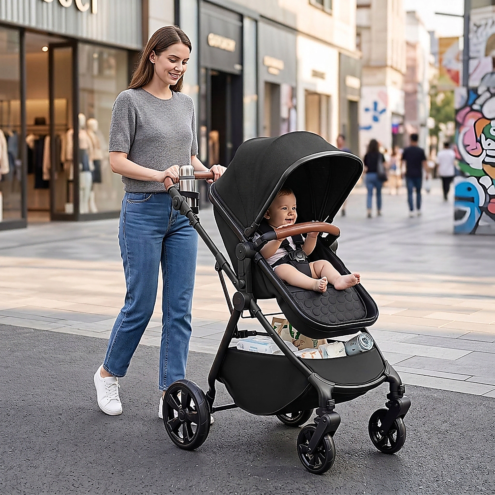 SUGIFT Black 33-lb Capacity 2-in-1 High Landscape Convertible Baby Stroller with Car Seat Adapters